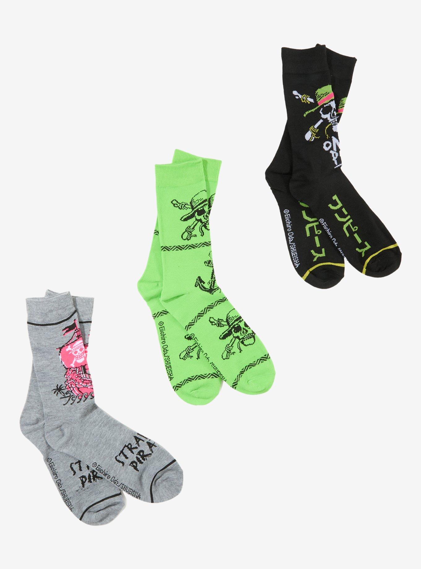 One Piece Straw Hat Neon Green Crew Socks 3 Pair, , hi-res