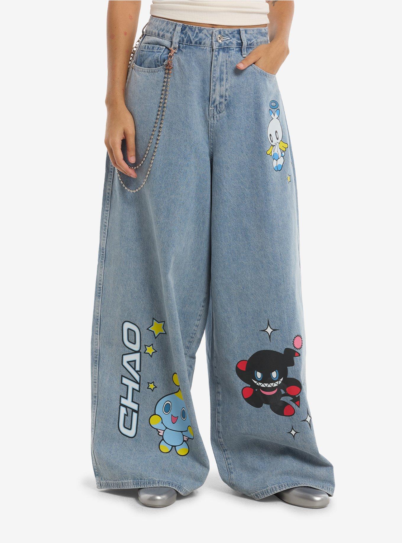 Sonic The Hedgehog Chao Trio Wide Leg Jeans With Side Chain
