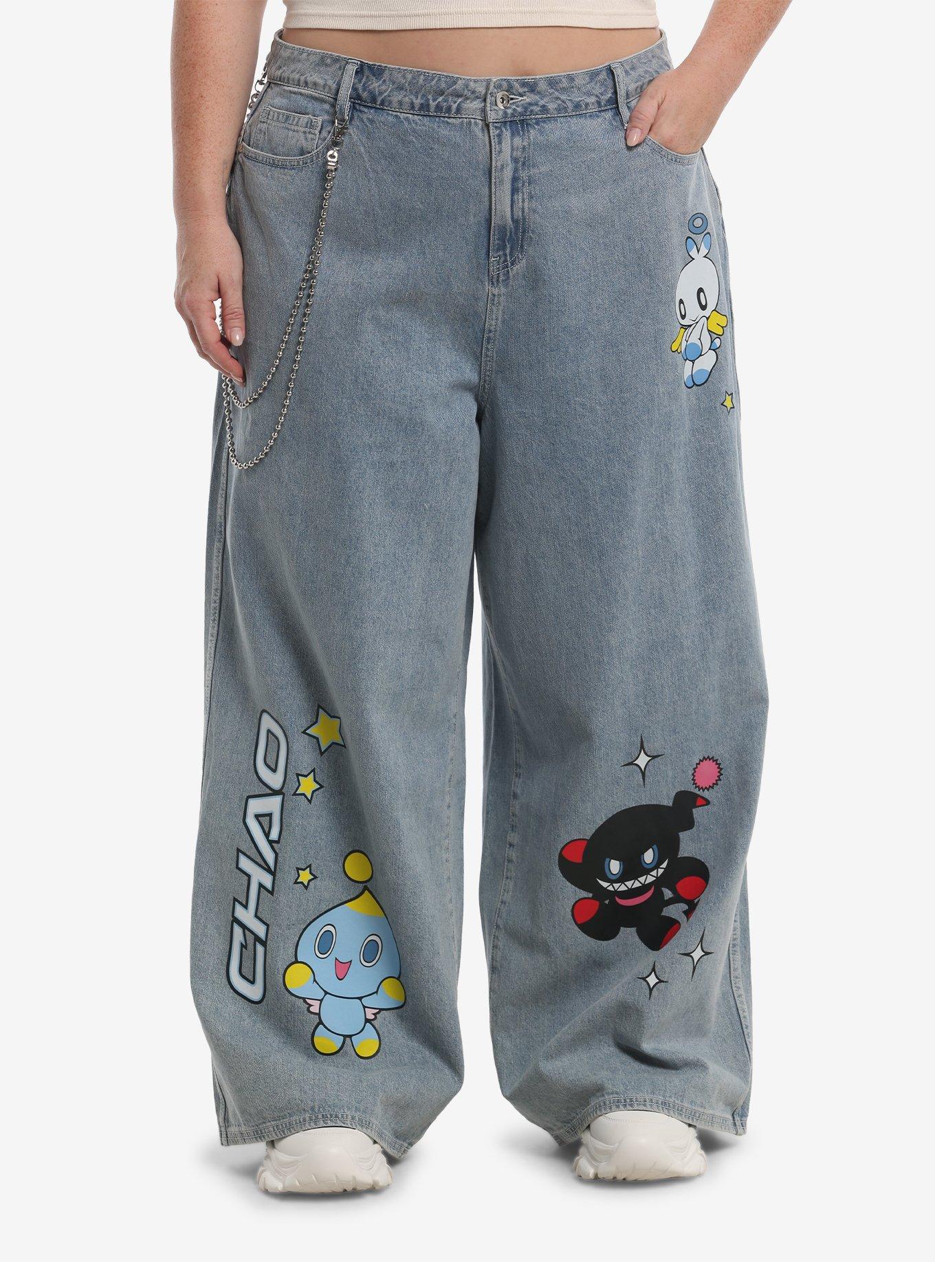 Sonic The Hedgehog Chao Trio Wide Leg Jeans With Side Chain Plus