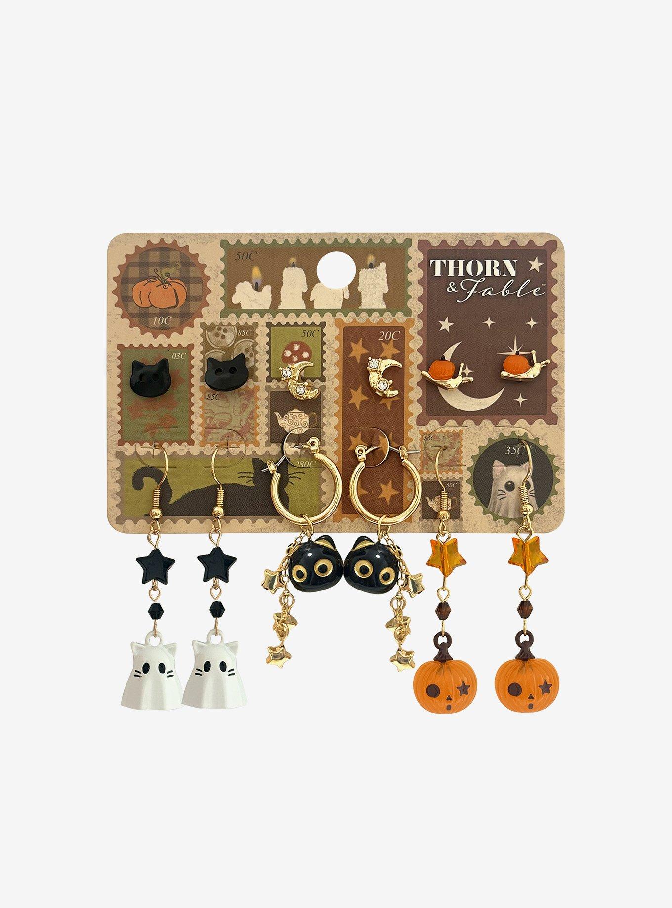 Thorn & Fable Fall Cat Pumpkin Earring Set, , hi-res
