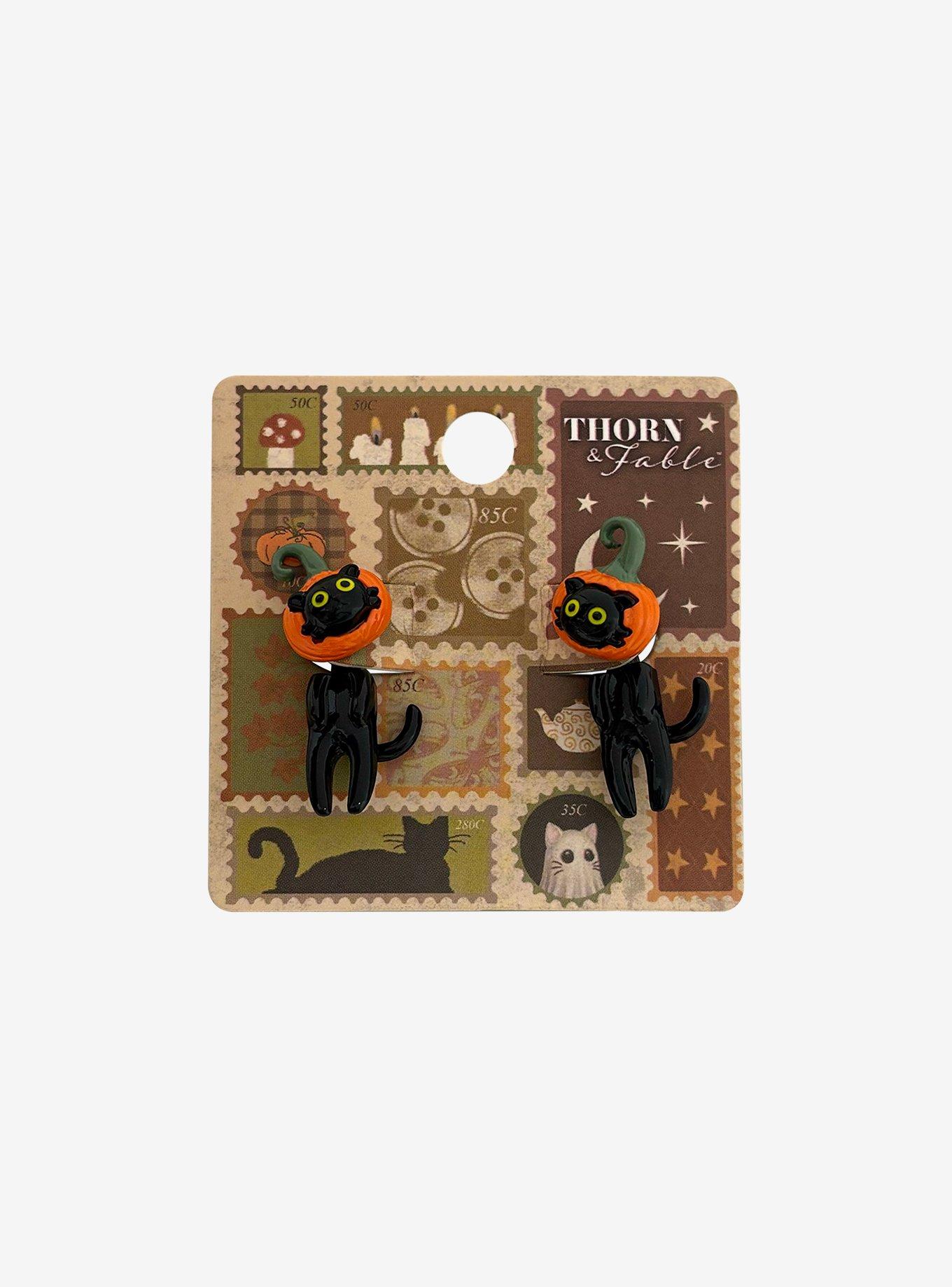 Thorn & Fable Fall Cat Pumpkin Front/Back Earrings, , hi-res