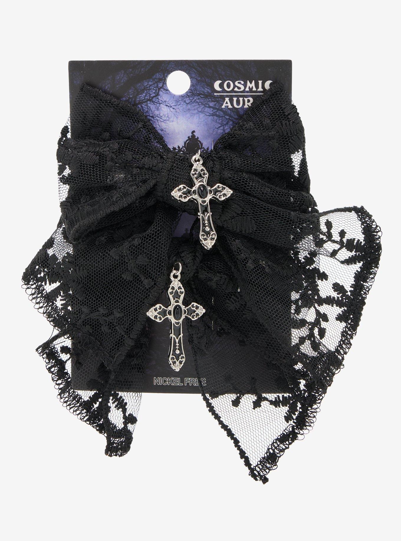 Cosmic Aura Gothic Cross Black Lace Hair Bow Set, , hi-res
