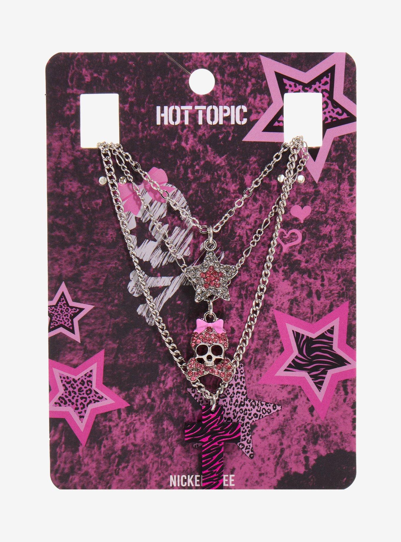 Black & Pink Zebra Cross Skull Necklace Set, , hi-res