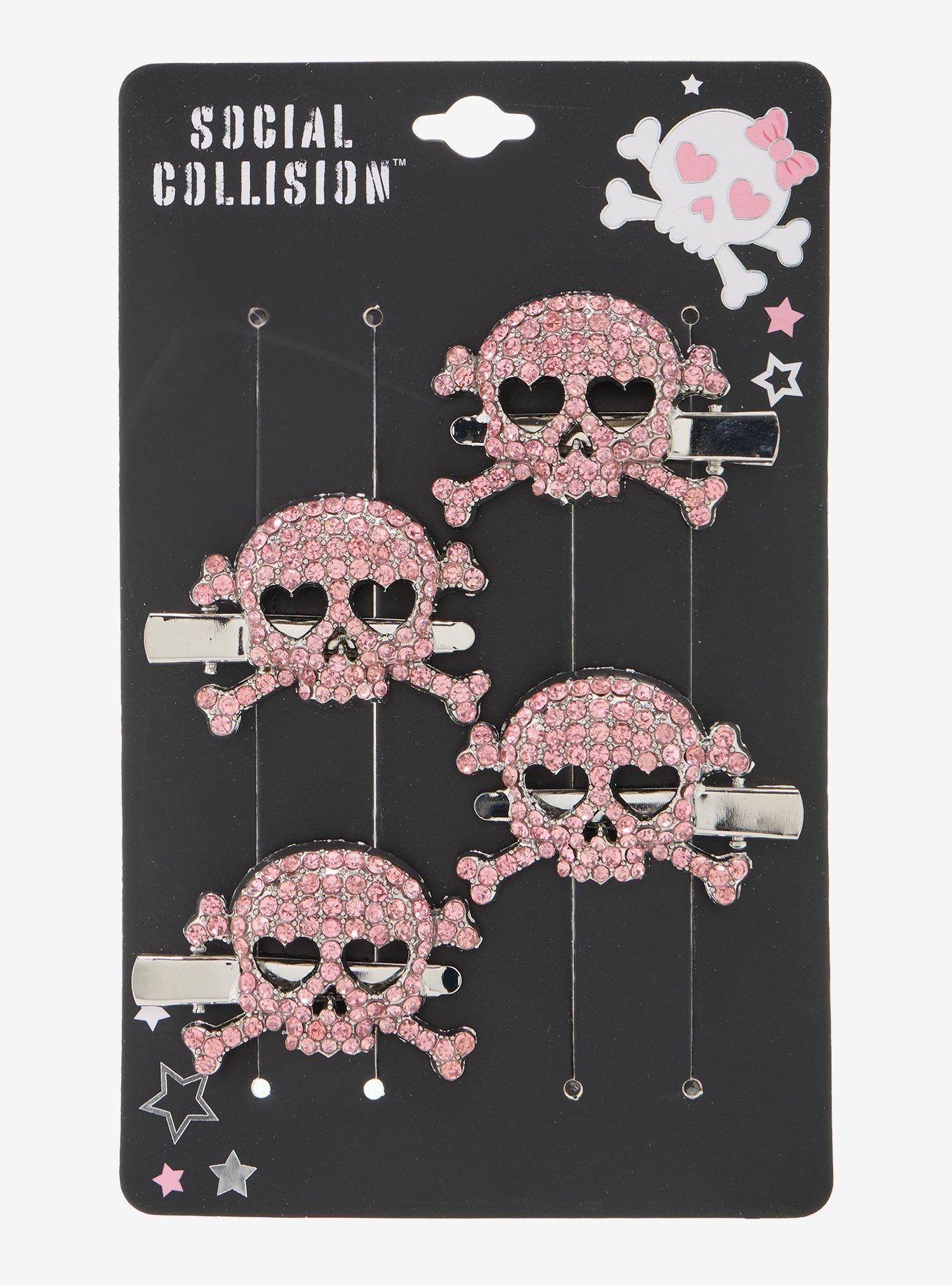 Social Collision Pink Skull & Crossbones Rhinestone Hair Clip Set, , hi-res