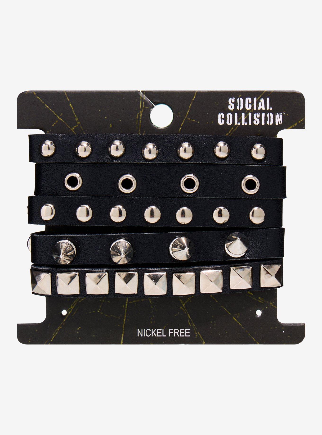 Social Collision Spike Grommet Cuff Bracelet, , hi-res