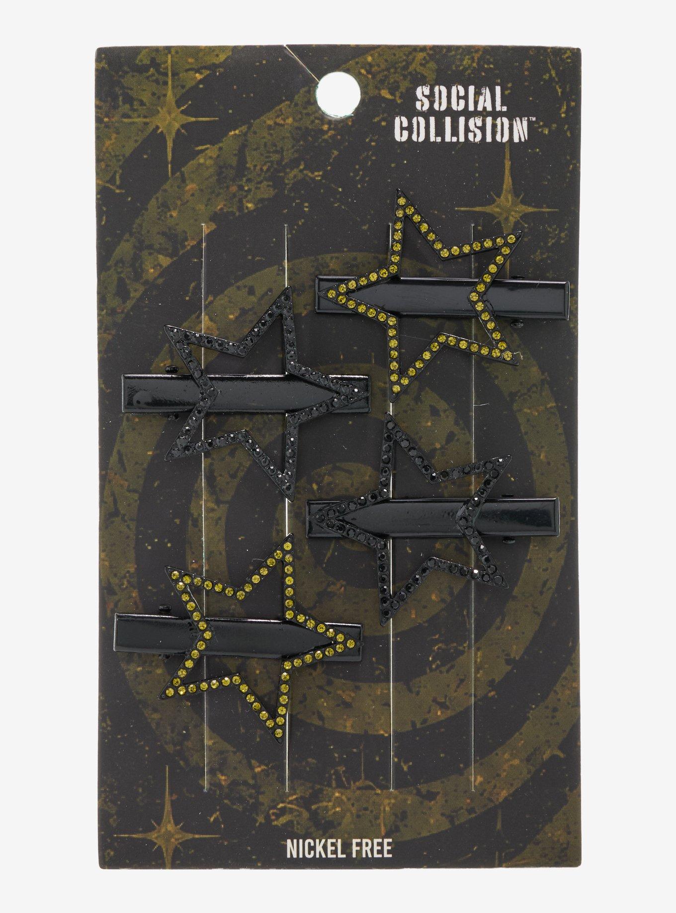 Social Collision Green & Black Star Cutout Hair Clip Set, , hi-res