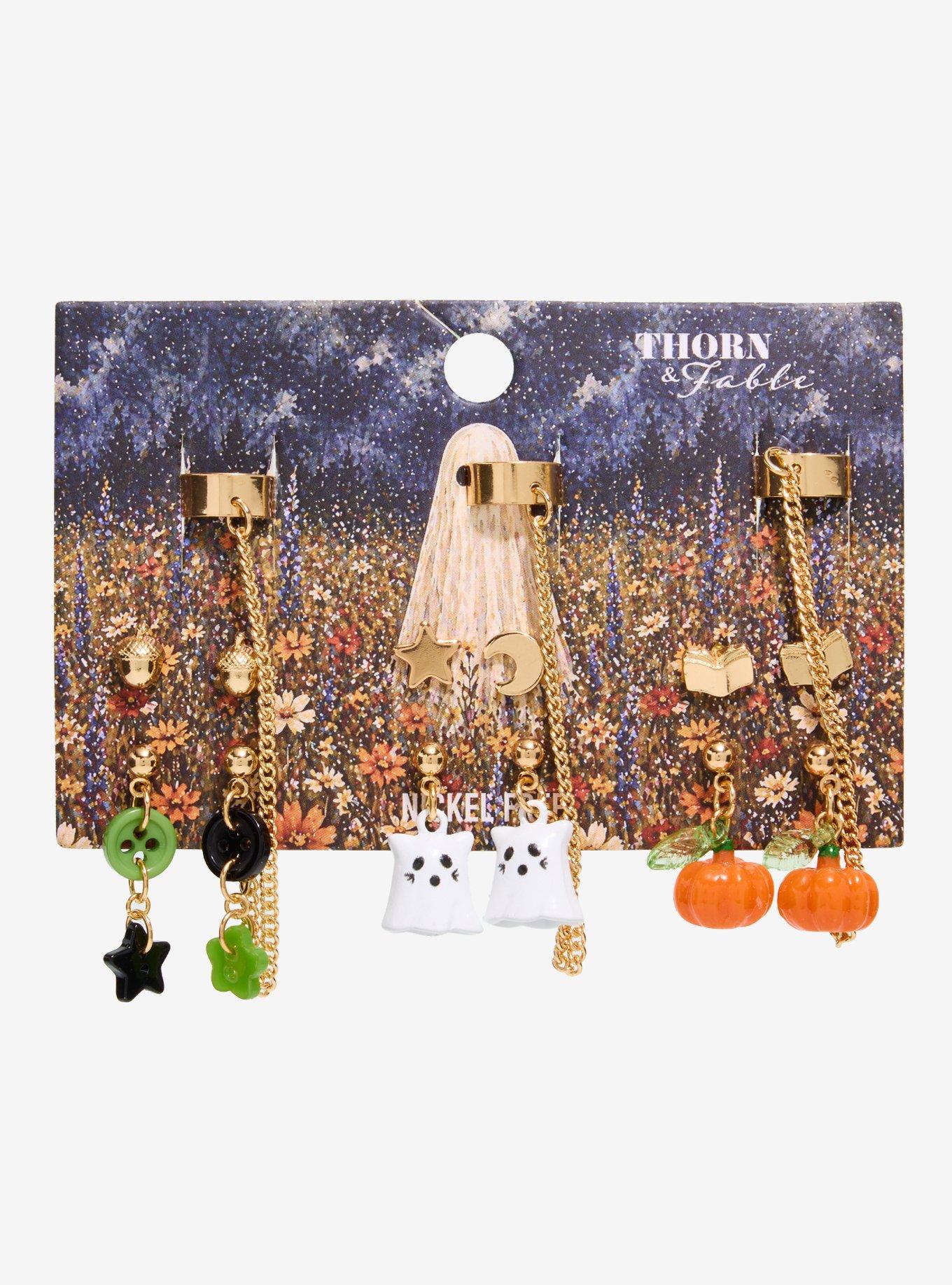 Thorn & Fable Ghost Cat Pumpkin Cuff Earring Set