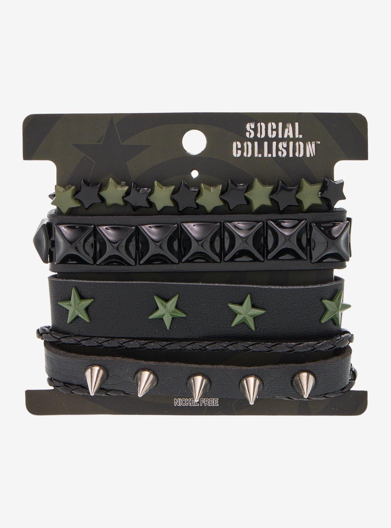 Social Collision Green & Black Stud & Star Bracelet Set, , hi-res