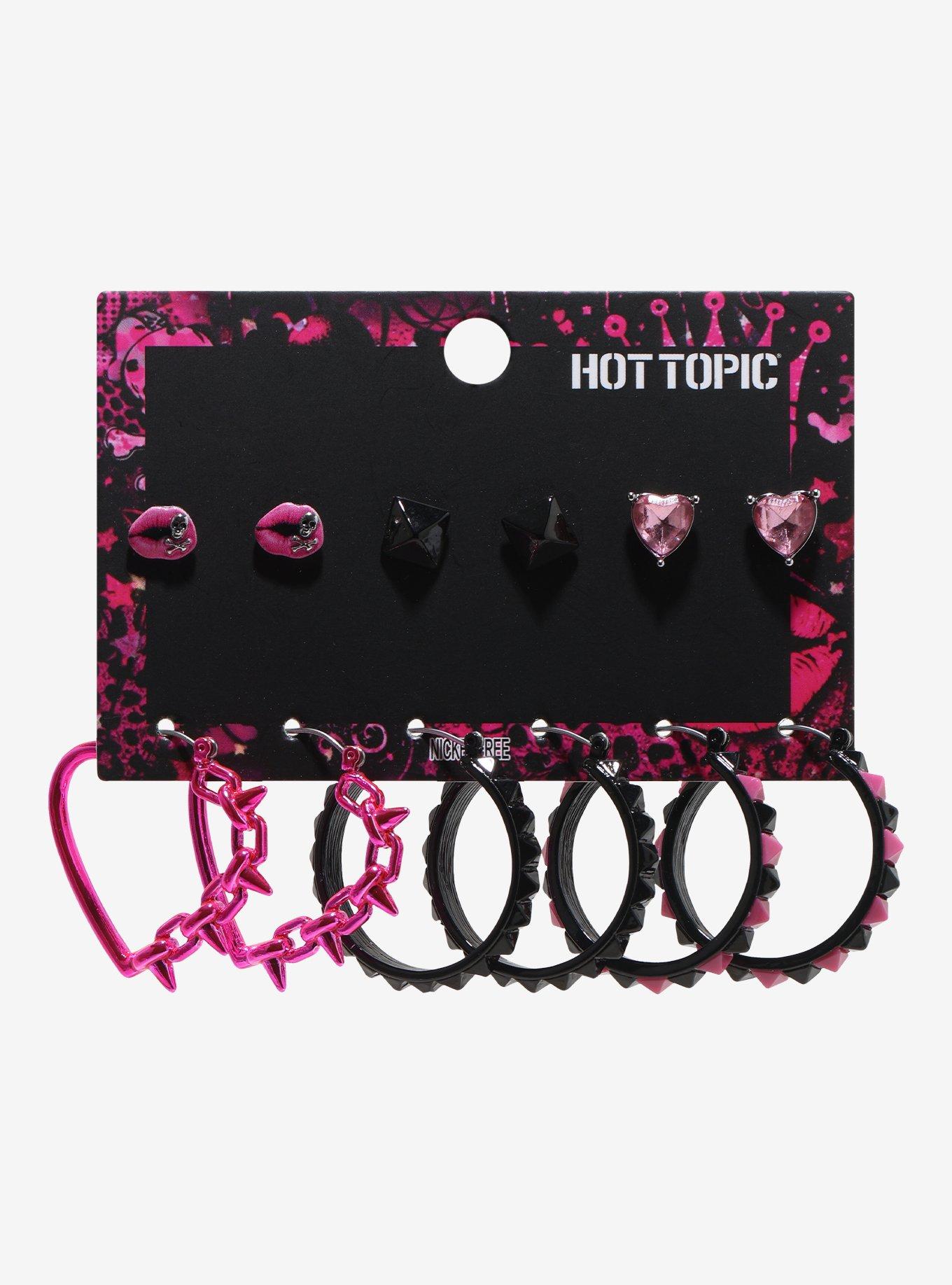 Pink & Black Heart Stud Spike Earring Set, , hi-res