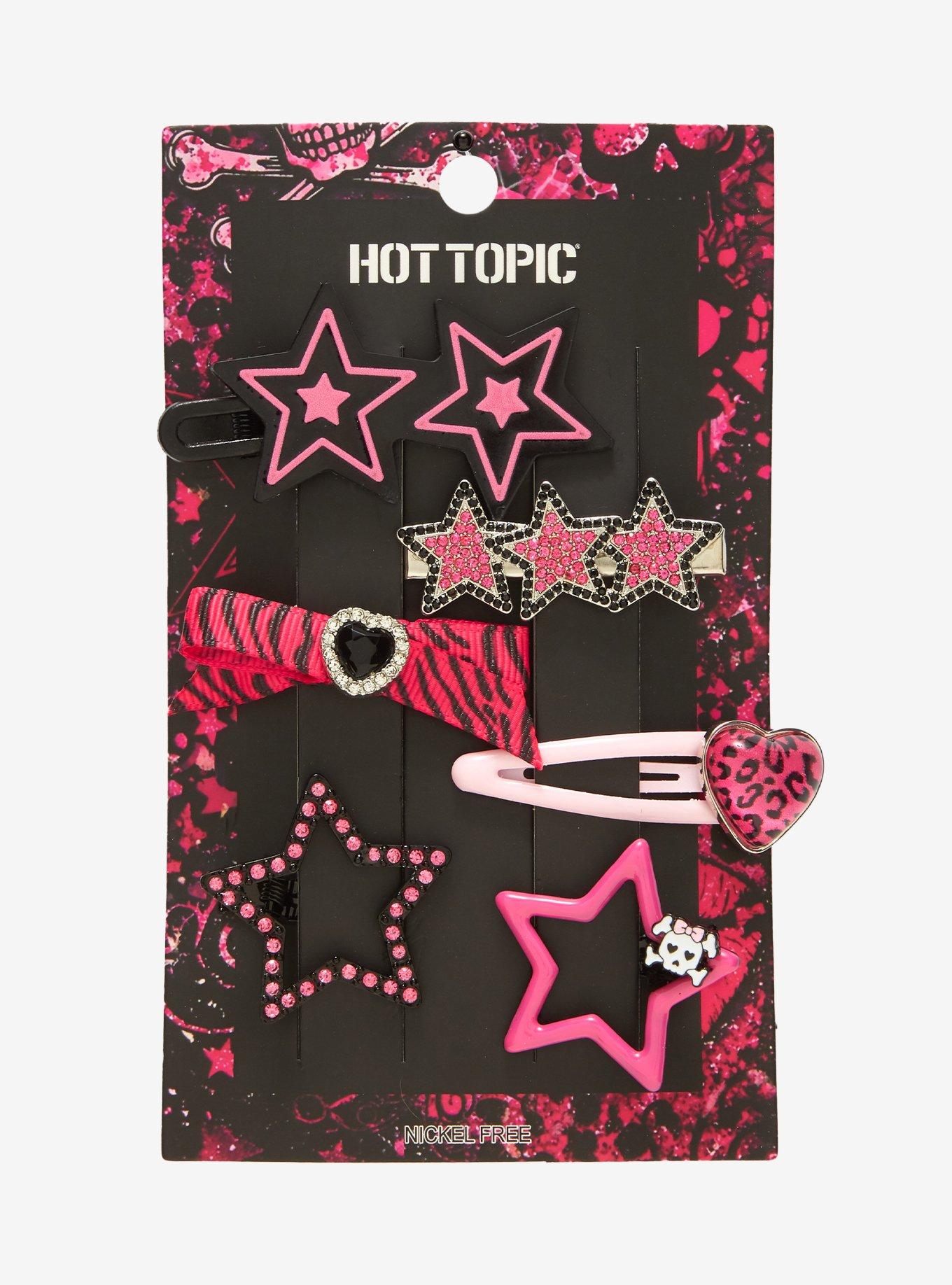 Black & Pink Star Heart Hair Clip Set, , hi-res