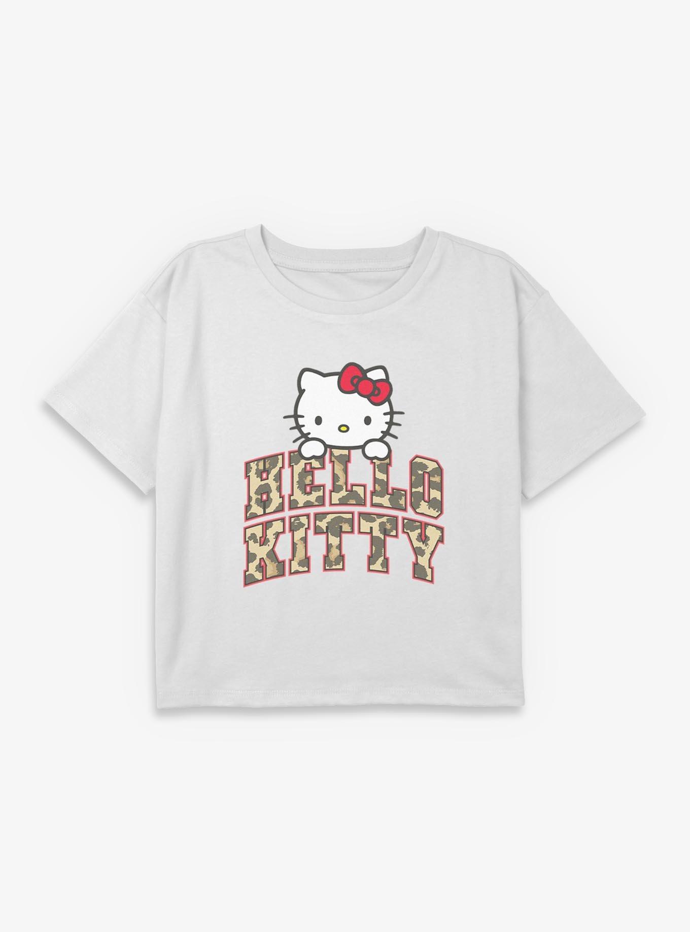 Hello Kitty Cheetah Print Logo Youth Girls Boxy Crop T-Shirt, , hi-res