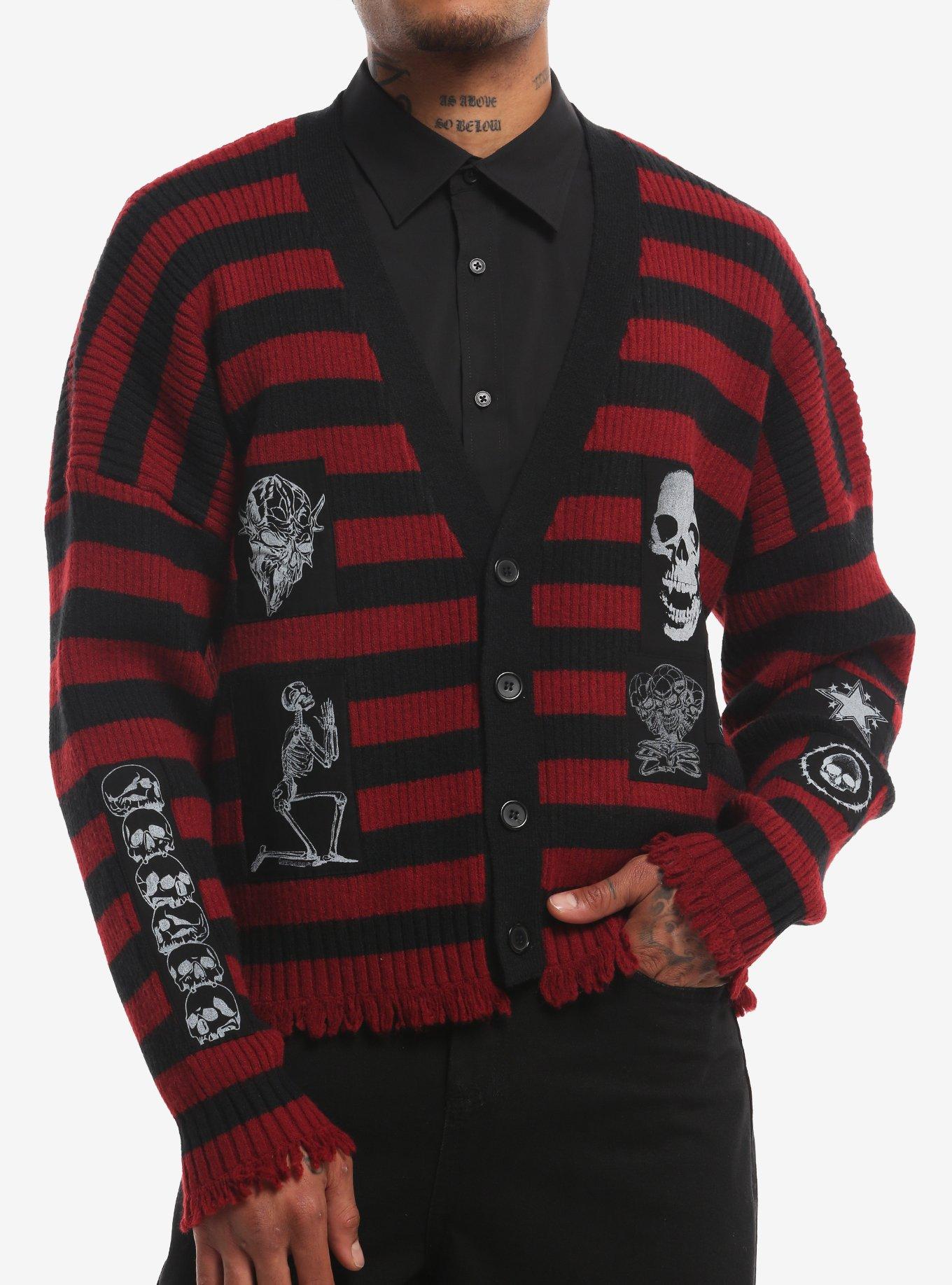 Red & Black Stripe Skeleton Patch Cardigan