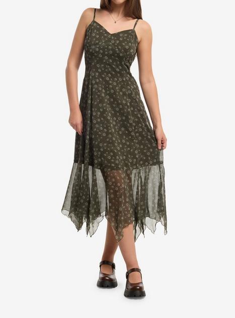 【未使用タグ付き】THETOE Hesiod Frills Dress S Thorn & Fable Green Floral Hanky Hem Midaxi Dress | Hot Topic