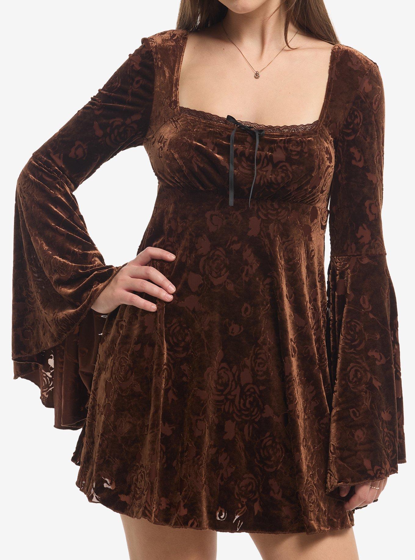 THORNANDFABLE Thorn & Fable Brown Floral Burnout Velour Dress