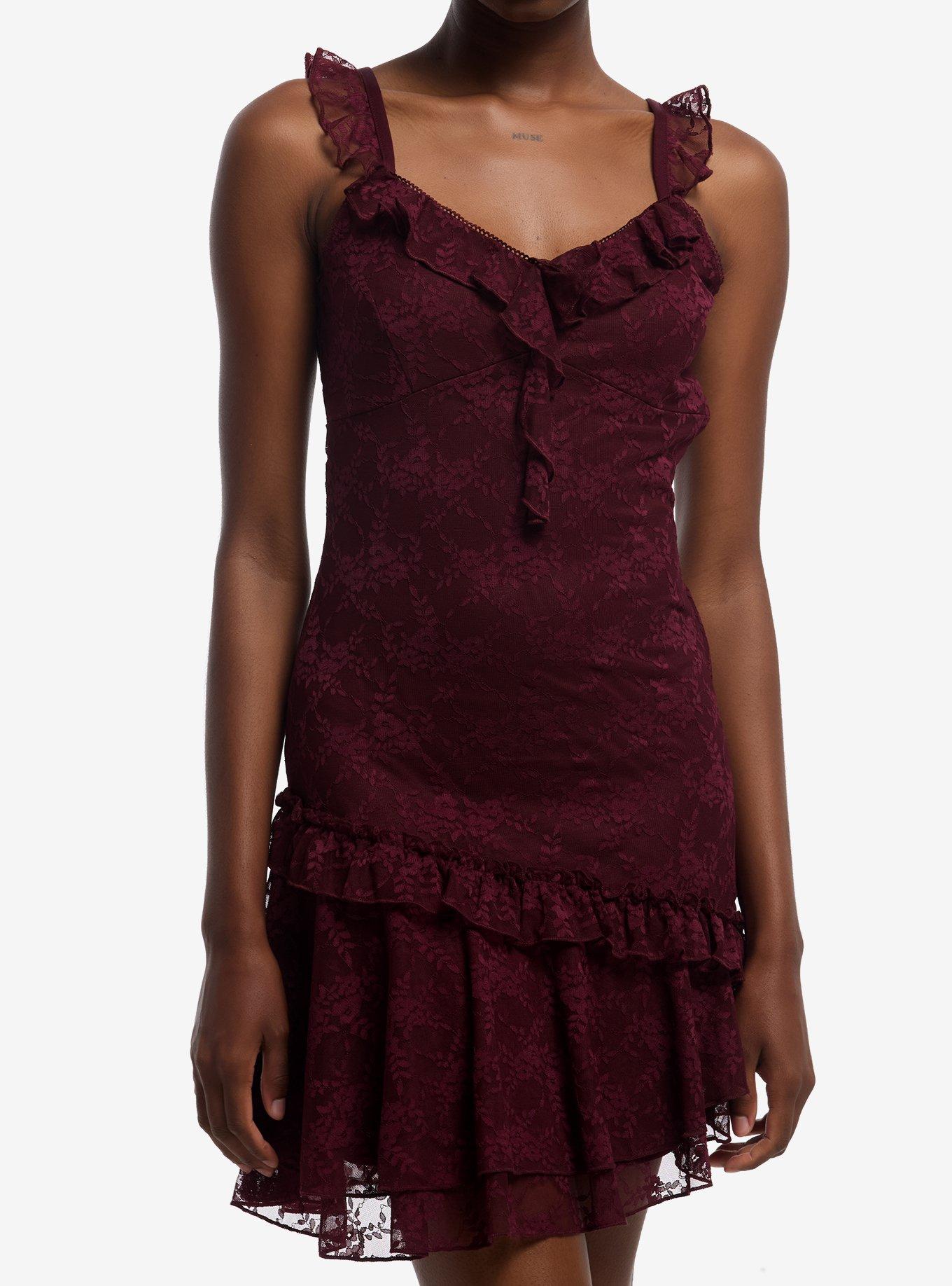 HOTTOPIC Burgundy Lace Ruffle Mini Dress