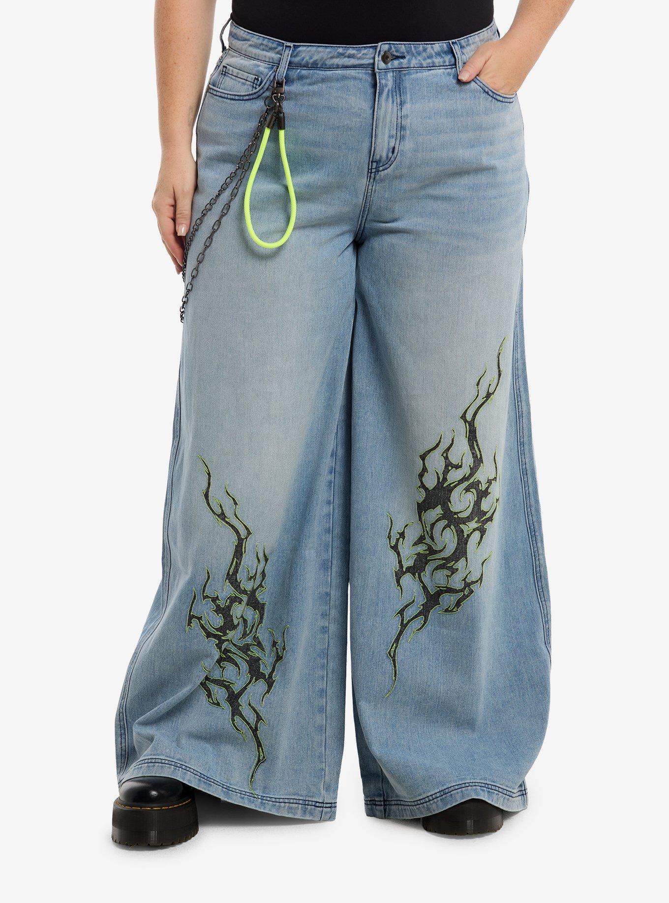 Social Collision Green Sigil Baggy Jeans With Side Chain Plus Size