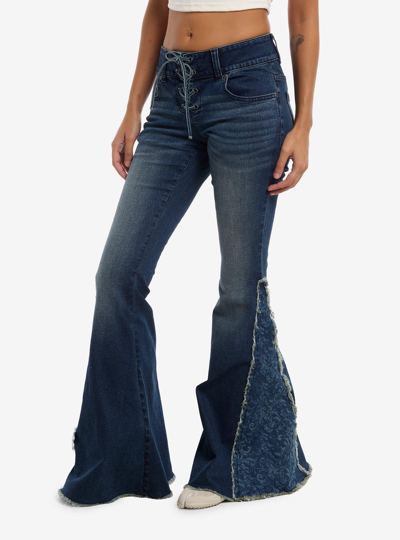 COSMICAURA Cosmic Aura Blue Floral Lace-Up Flared Jeans