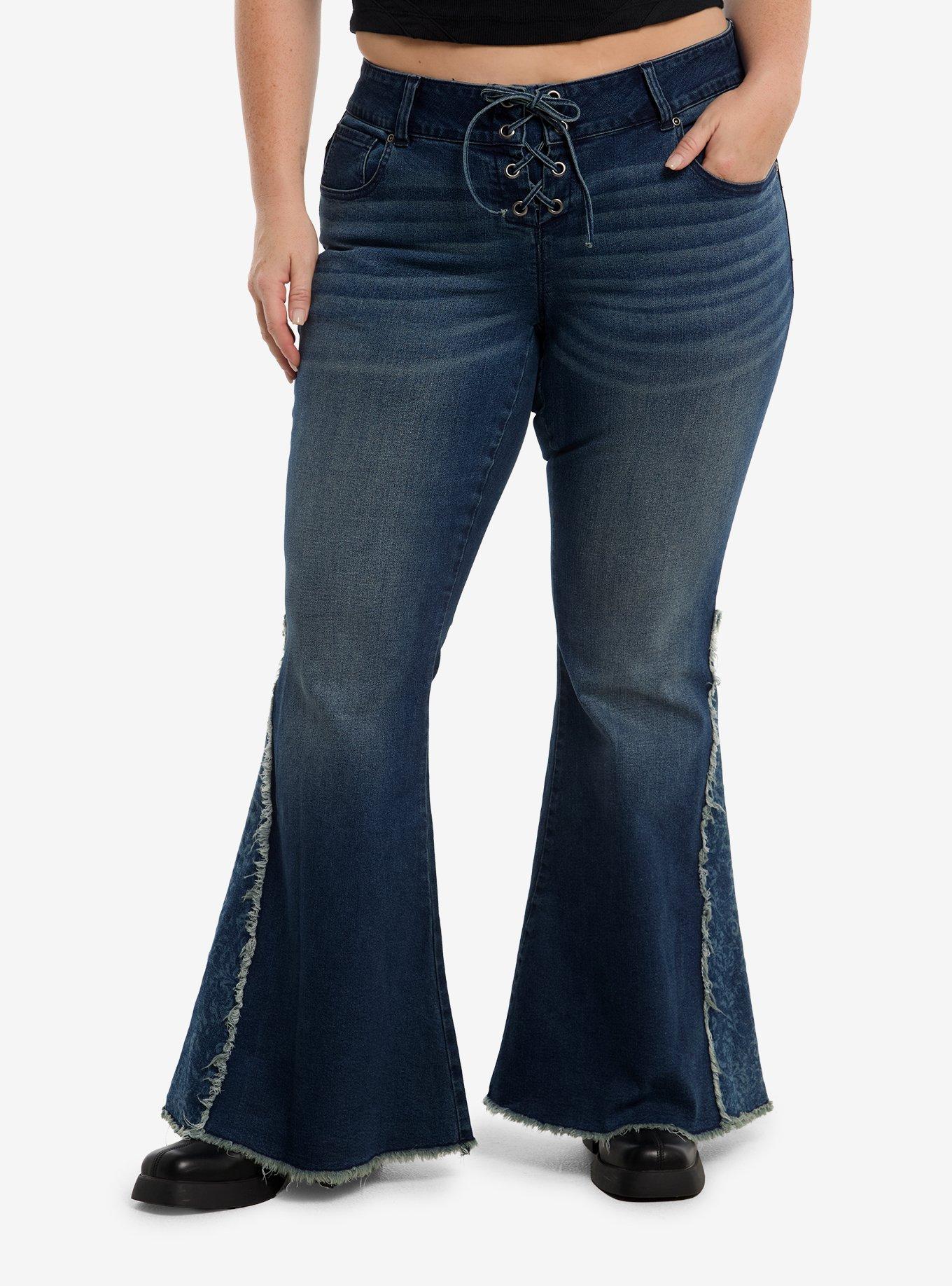 COSMICAURA Cosmic Aura Blue Floral Lace-Up Flared Jeans Plus Size