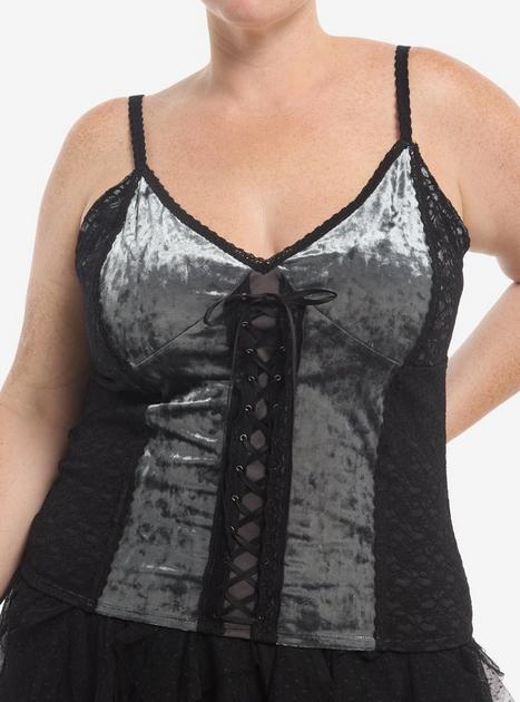 Cosmic Aura Grey & Black Velvet Lace-Up Girls Cami Plus Size | Hot