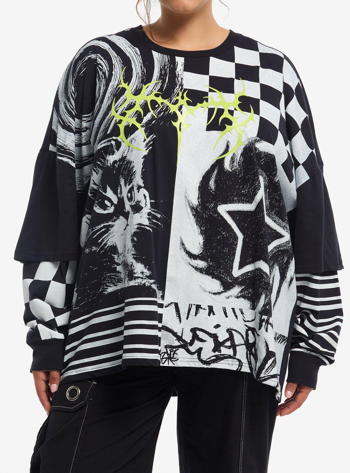 SOCIALCOLLISION Social Collision Cat Mismatch Girls Twofer Long-Sleeve T-Shirt Plus Size
