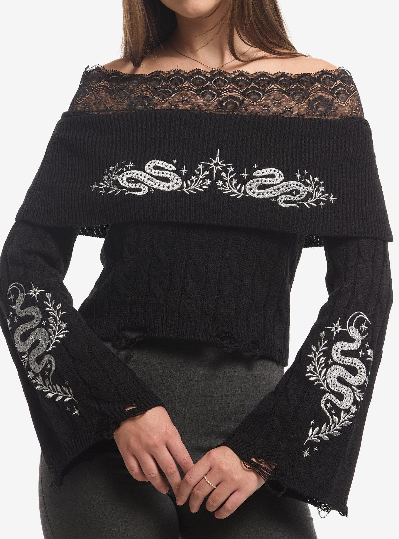 COSMICAURA Cosmic Aura Silver Snake Embroidered Lace Girls Off-Shoulder Sweater
