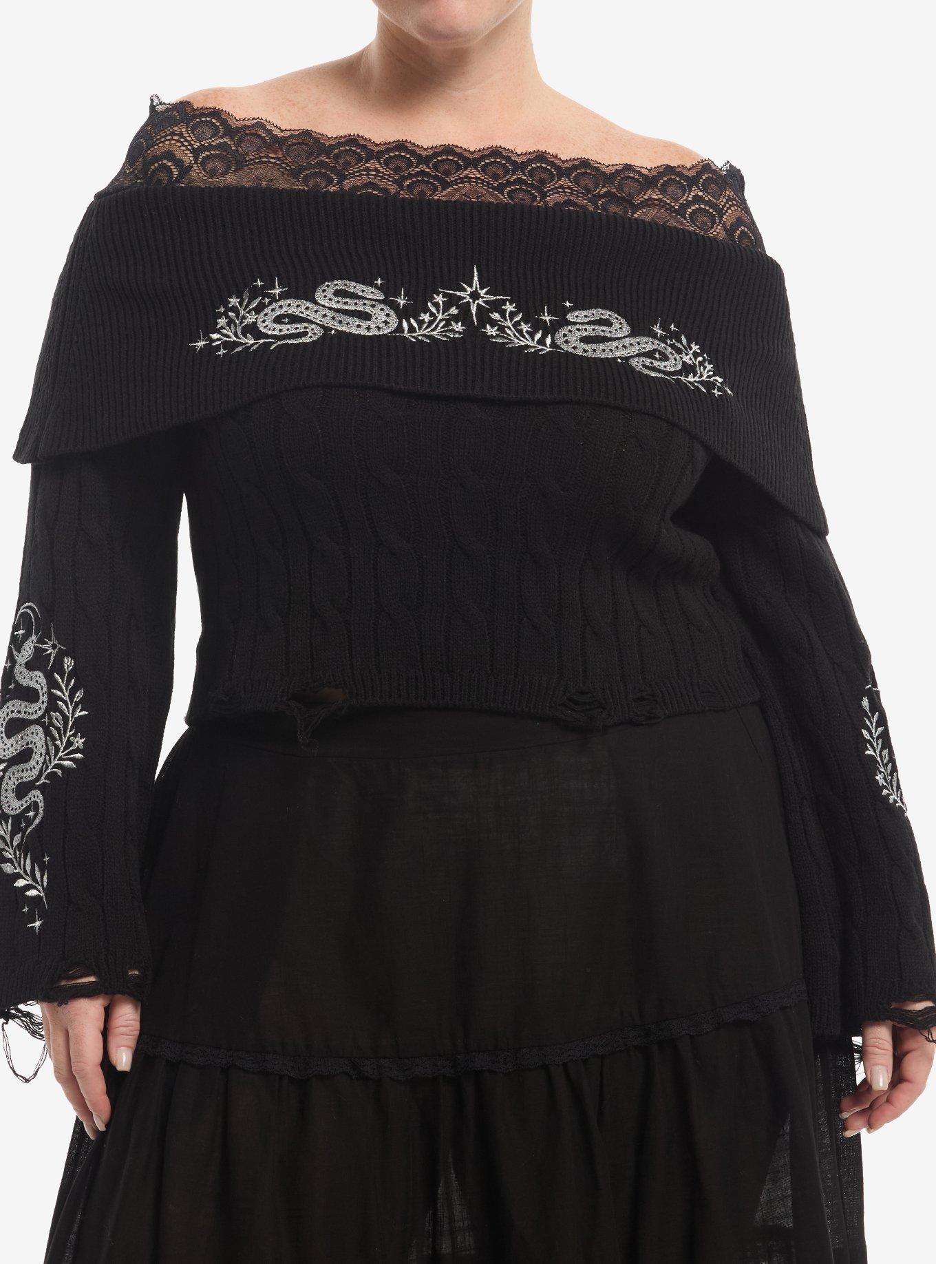 COSMICAURA Cosmic Aura Silver Snake Embroidered Lace Girls Off-Shoulder Sweater Plus Size