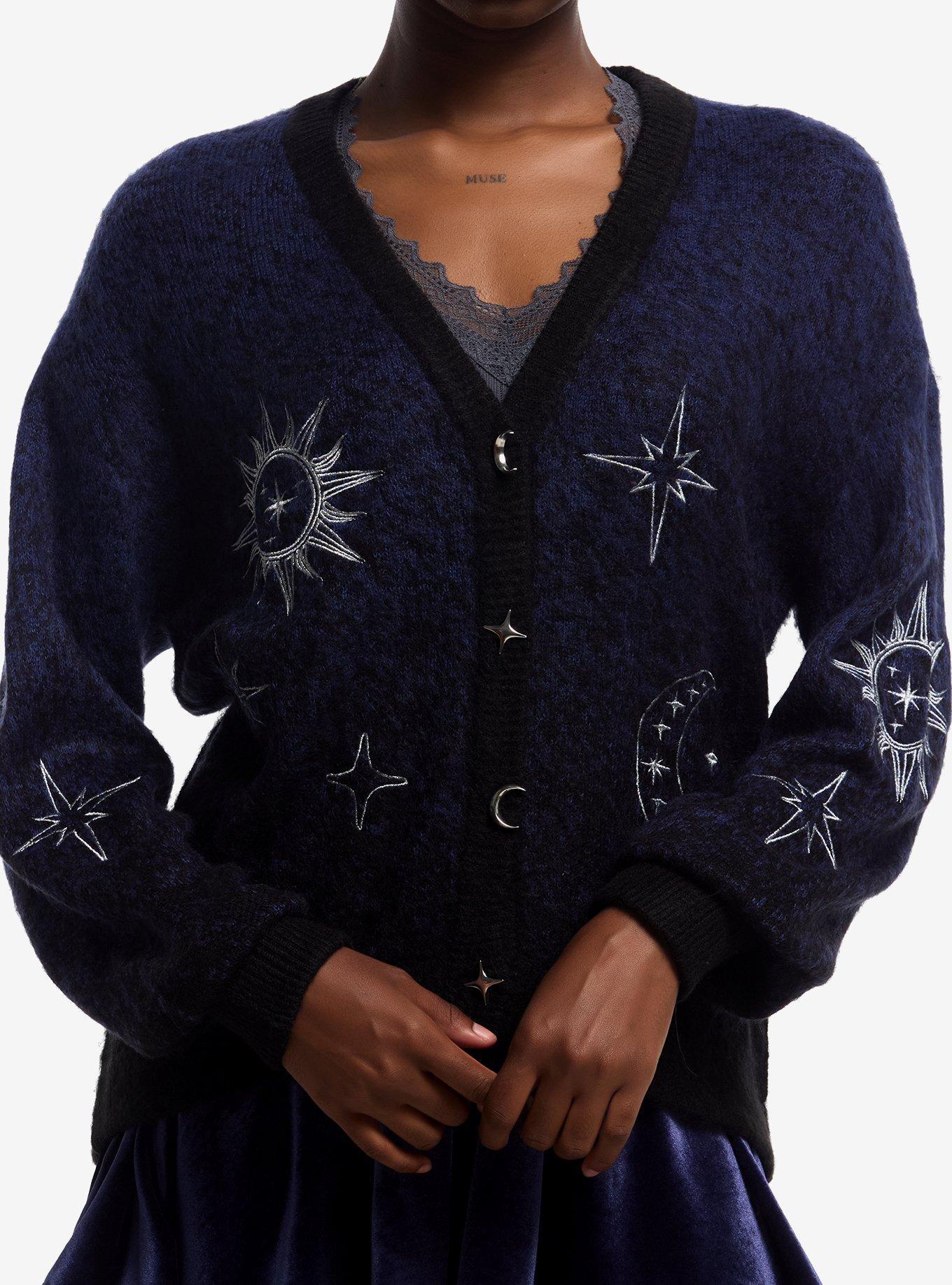 COSMICAURA Cosmic Aura Celestial Blue Marled Embroidered Girls Cardigan