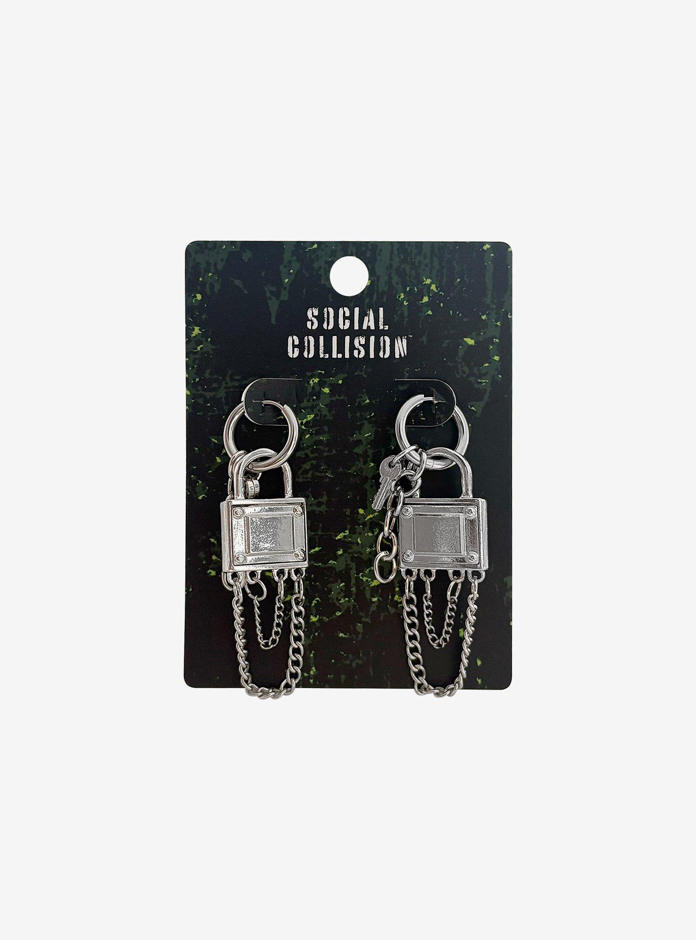 Social Collision Padlock & Key Huggie Hoop Earrings, , hi-res
