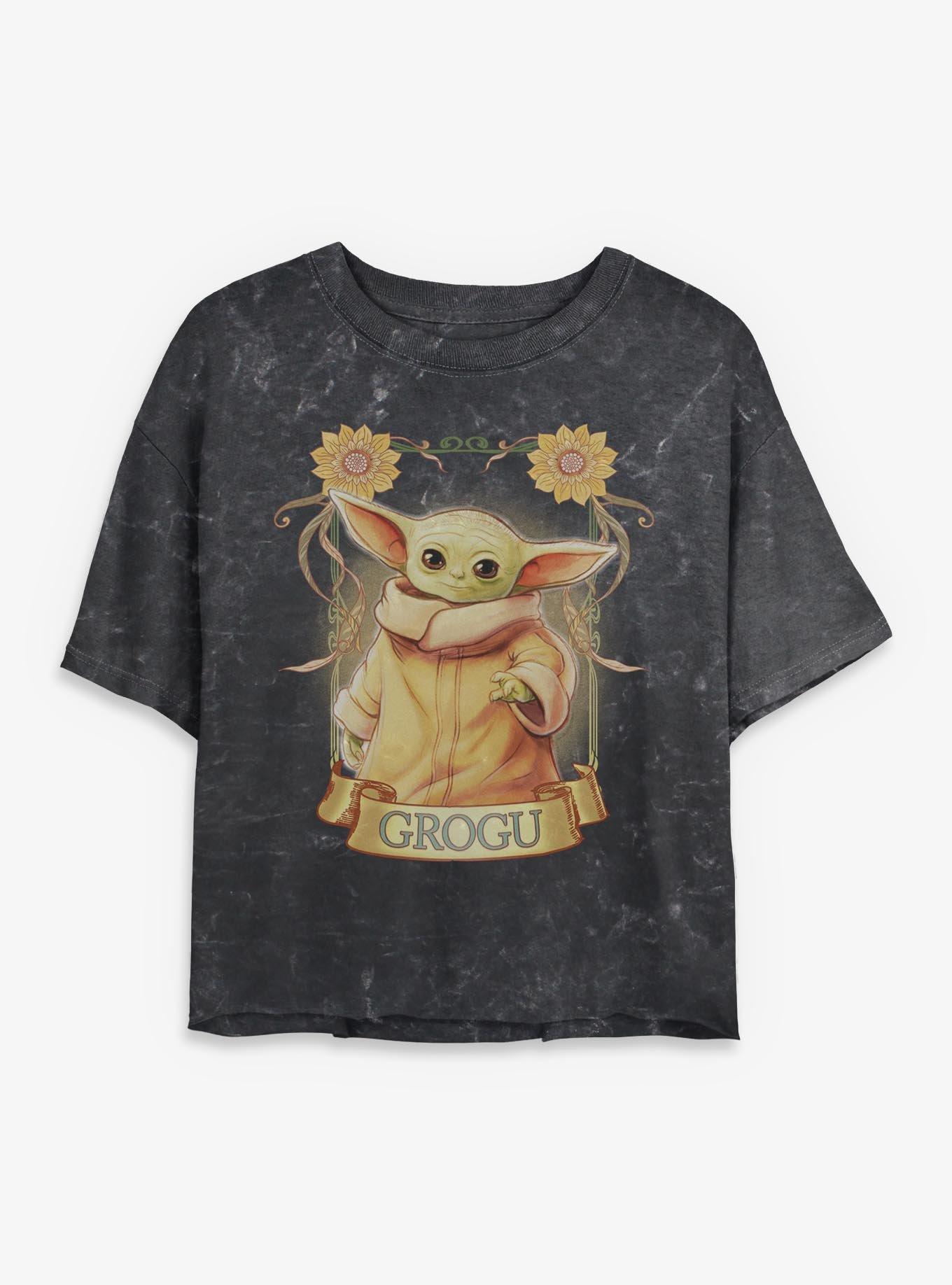 Star Wars The Mandalorian Grogu Floral Ornate Frame Mineral Wash Womens Crop T-Shirt, , hi-res