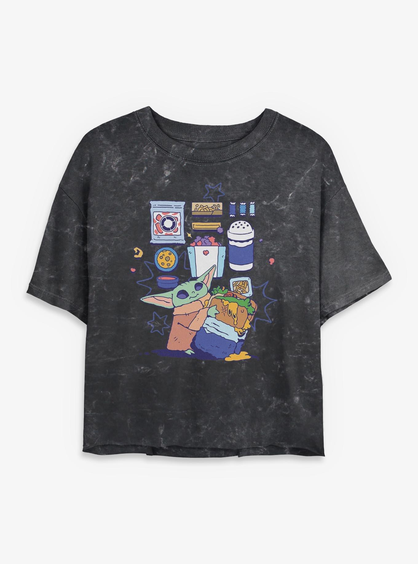 Star Wars: The Mandalorian And Grogu Grogu Enjoying Snacks Mineral Wash Womens Crop T-Shirt, , hi-res