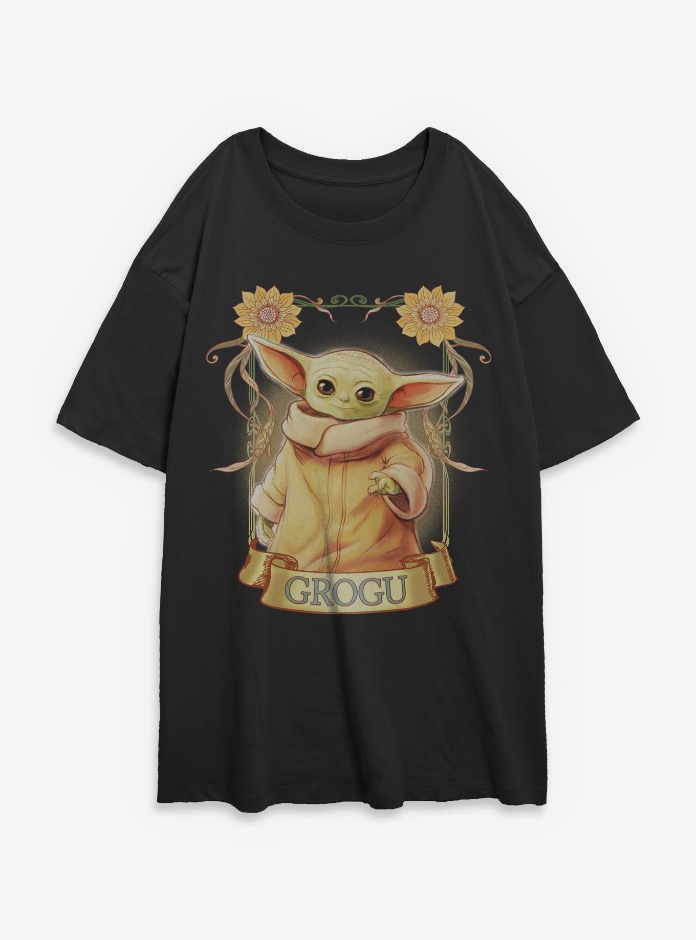 Star Wars The Mandalorian Grogu Floral Ornate Frame Womens Oversized T-Shirt