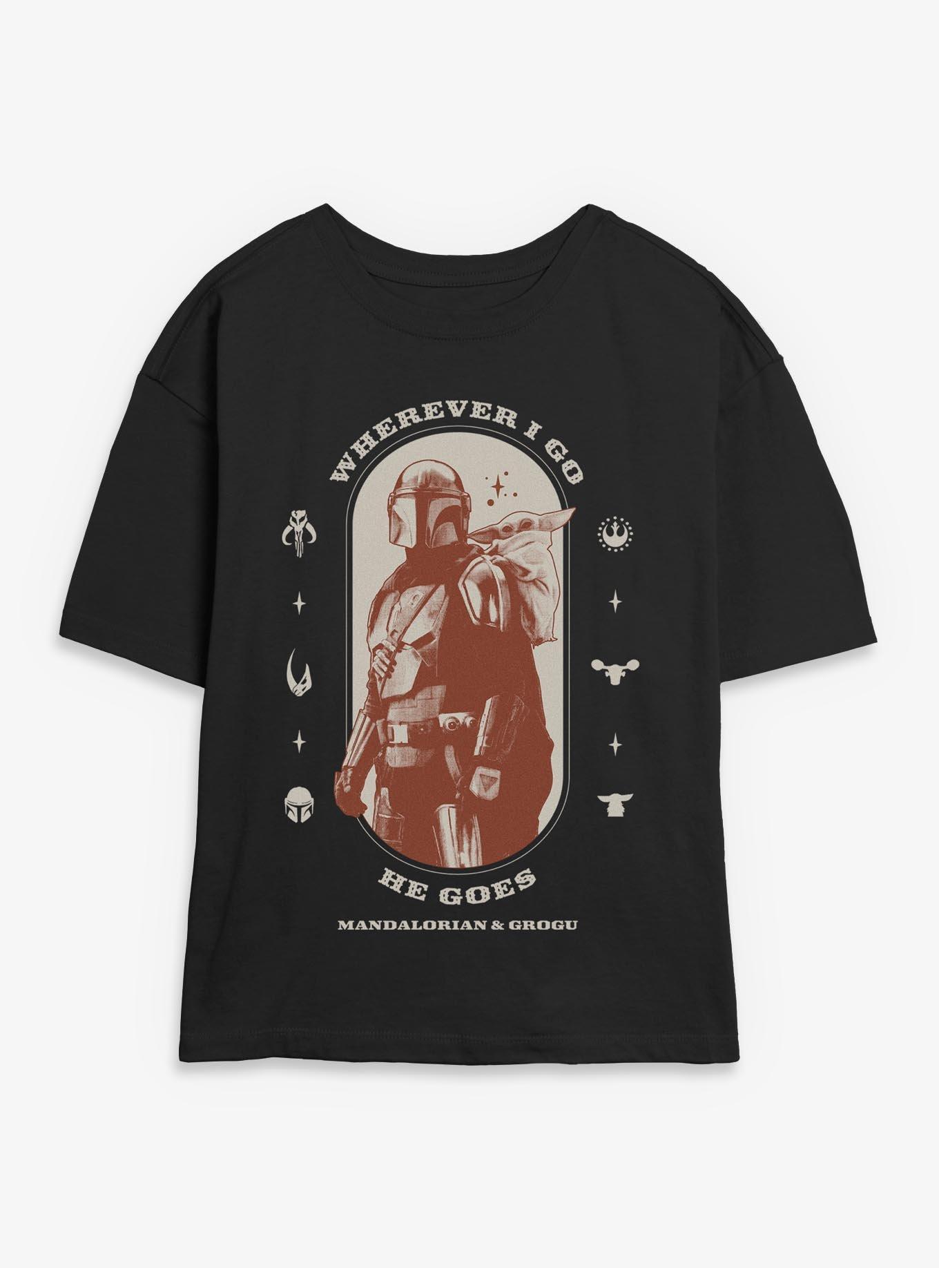 Star Wars: The Mandalorian And Grogu Wherever I Go He Goes Mandalorian & Grogu Profile Womens Skimmer T-Shirt, , hi-res