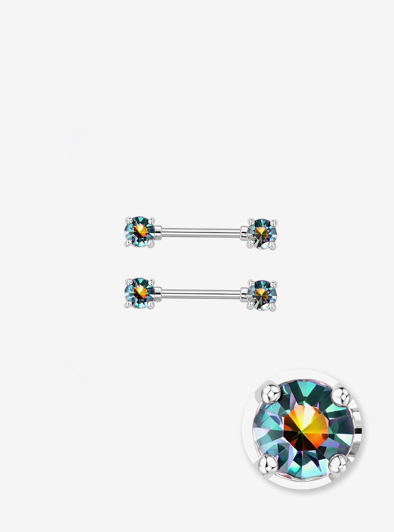 Steel Iridescent Gem Nipple Barbell 2 Pack, , hi-res