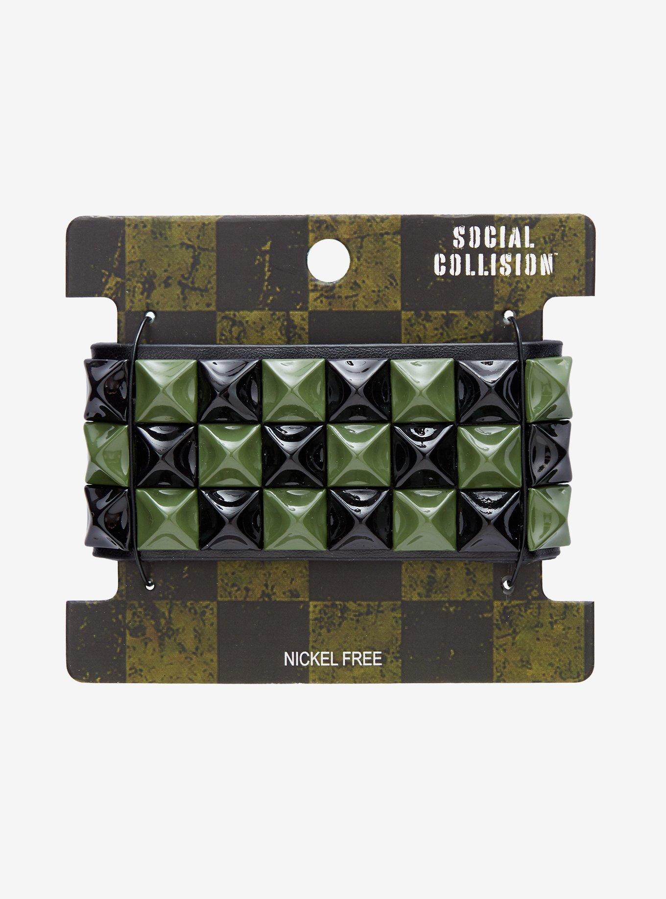 Social Collision Black & Green Pyramid Stud Cuff Bracelet, , hi-res
