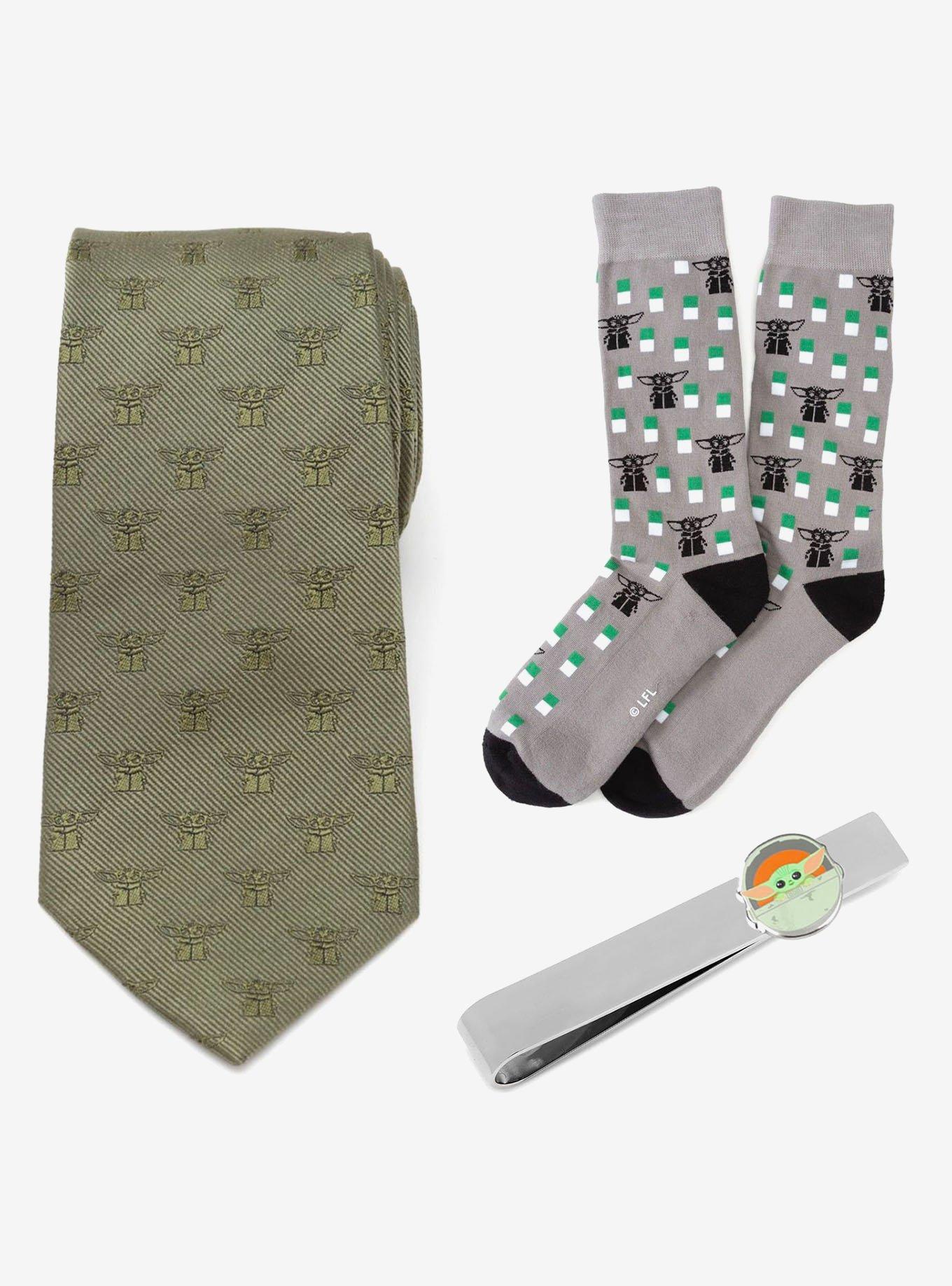 Star Wars Mandalorian Grogu Green Silk Tie, Gray Dress Socks, and Tie Bar Gift Set, , hi-res
