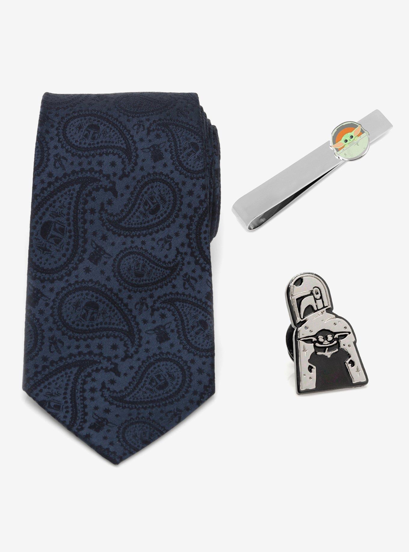 Star Wars Mandalorian and Grogu Navy Silk Paisley Tie, Grogu Tie Bar, and Lapel Pin Gift Set, , hi-res