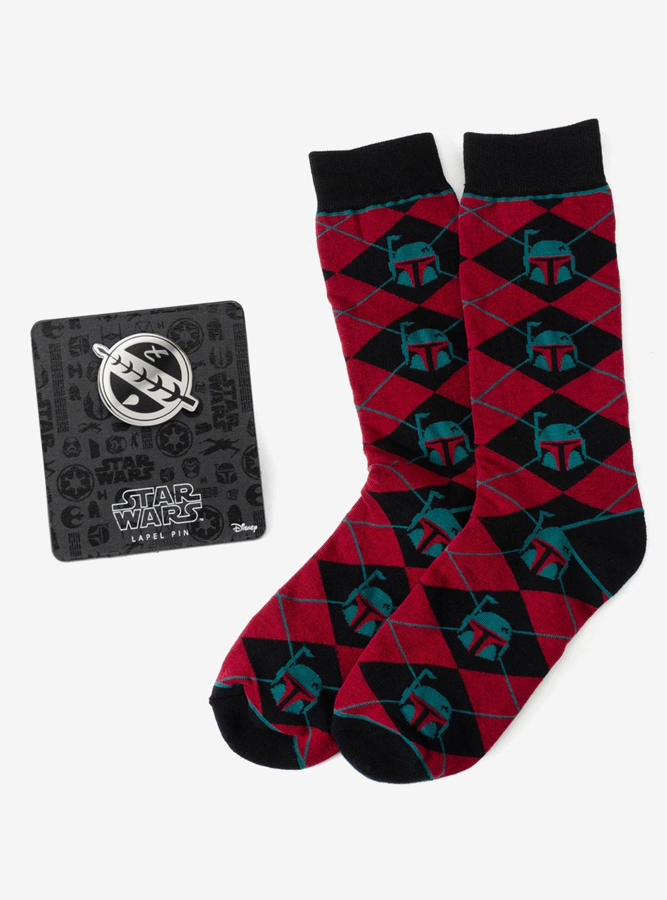 Star Wars Boba Fett Maroon and Black Argyle Socks and Crest Lapel Pin Gift Set, , hi-res