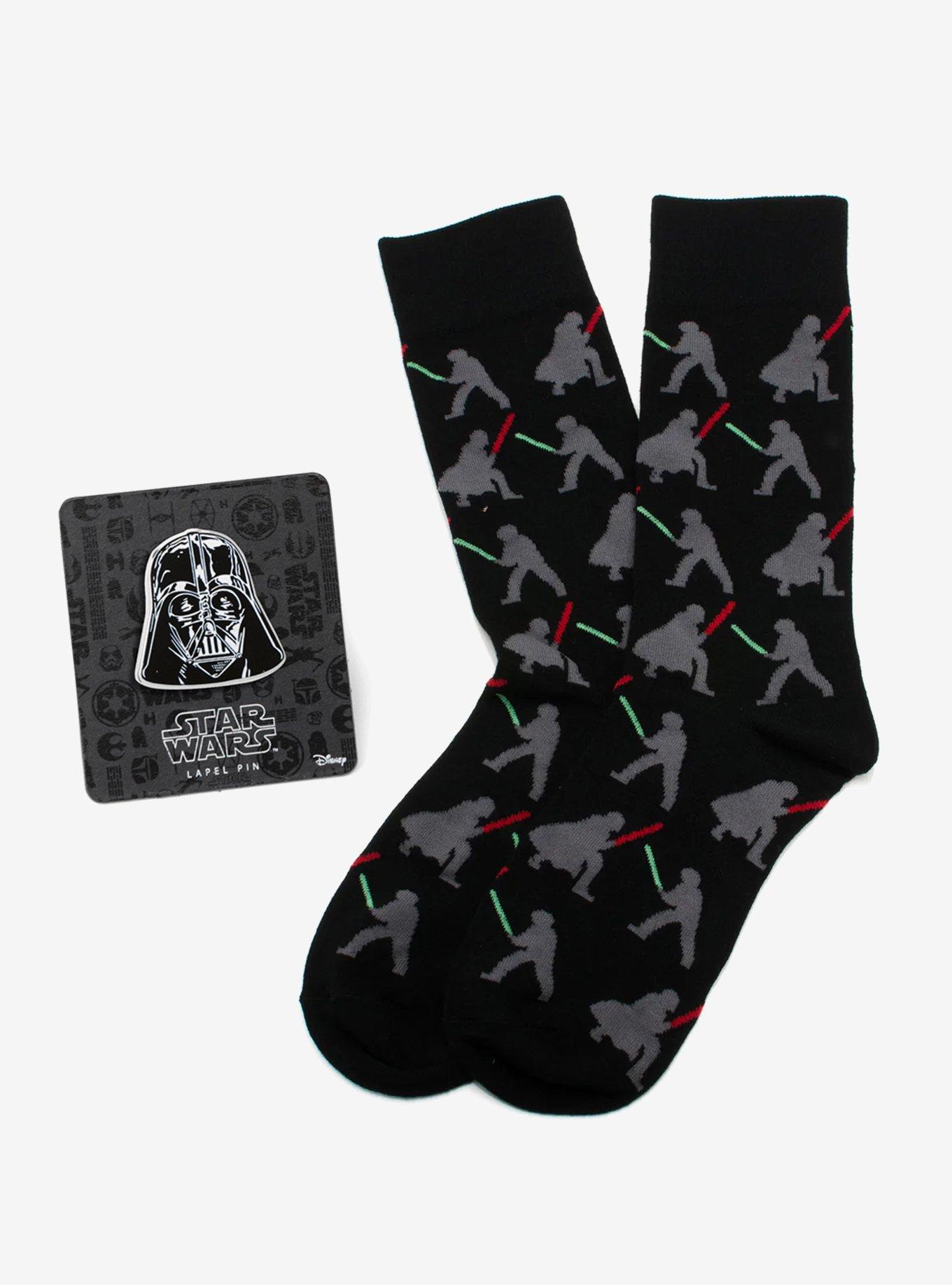 Star Wars Darth Vader and Luke Skywalker Lightsaber Battle Black Dress Socks and Darth Vader Lapel Pin Gift Set, , hi-res