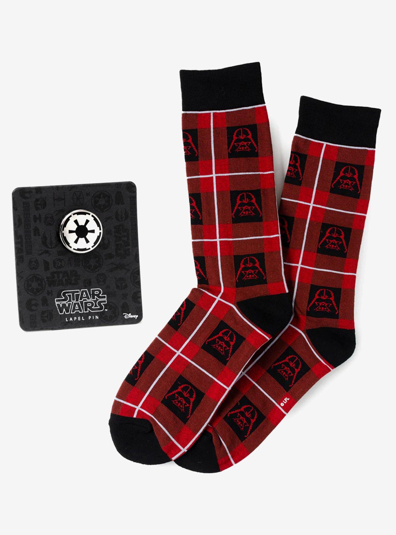 Star Wars Darth Vader Black and Red Plaid Dress Socks and Imperial Crest Lapel Pin Gift Set