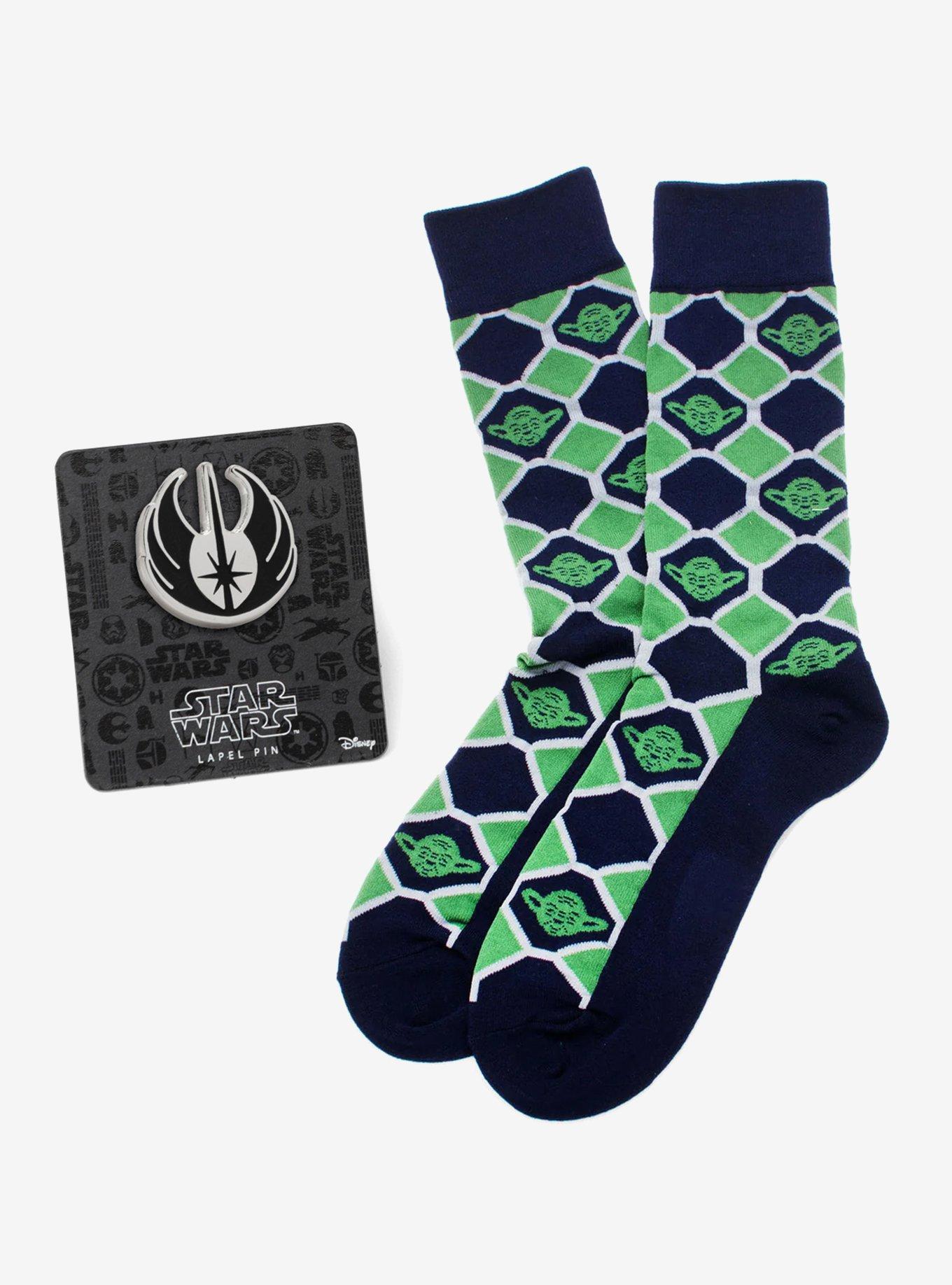 Star Wars Yoda Green and Navy Checkered Dress Socks and Jedi Crest Lapel Pin Gift Set, , hi-res
