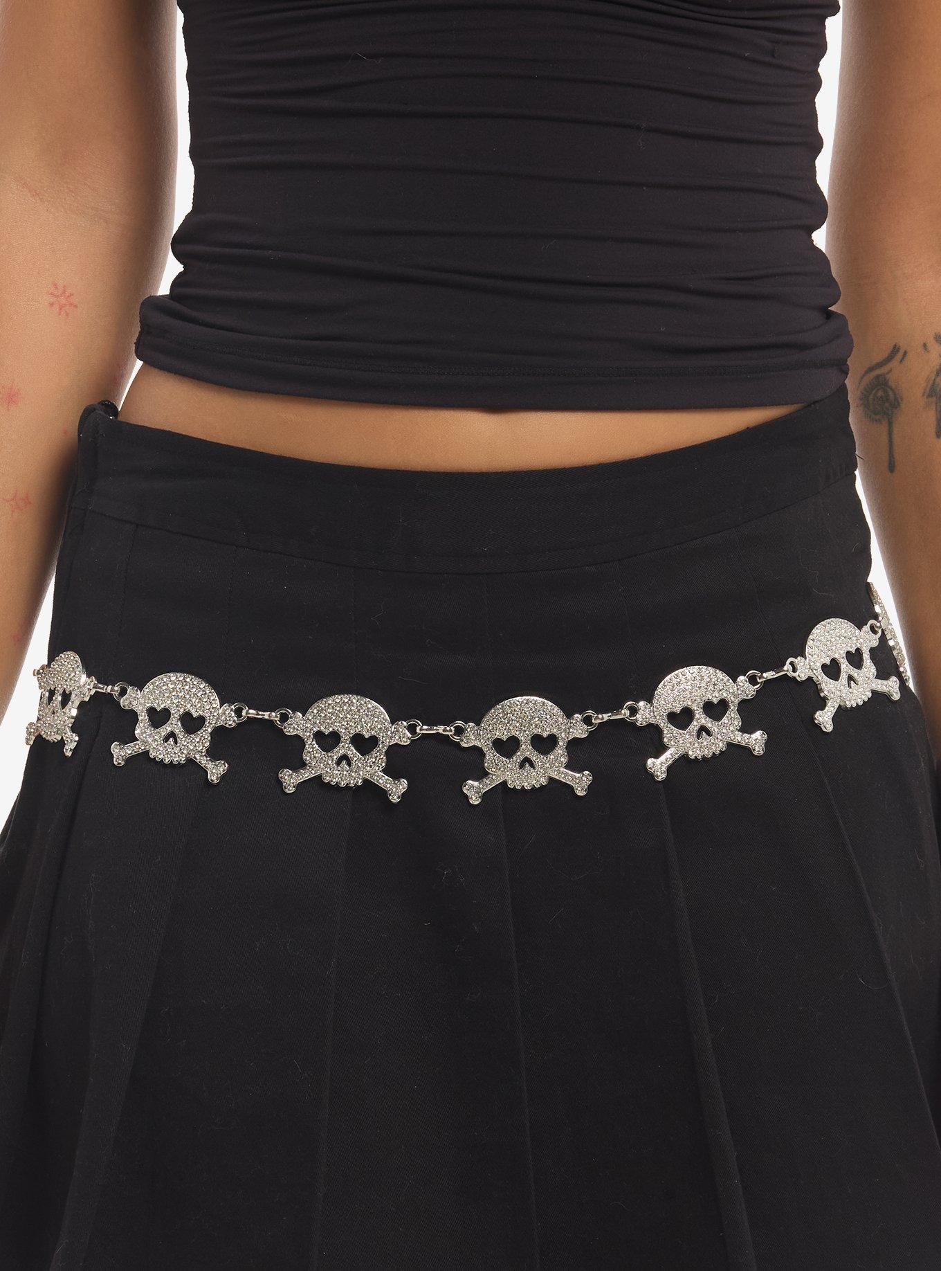Heart Skull & Crossbones Rhinestone Charm Chain Belt