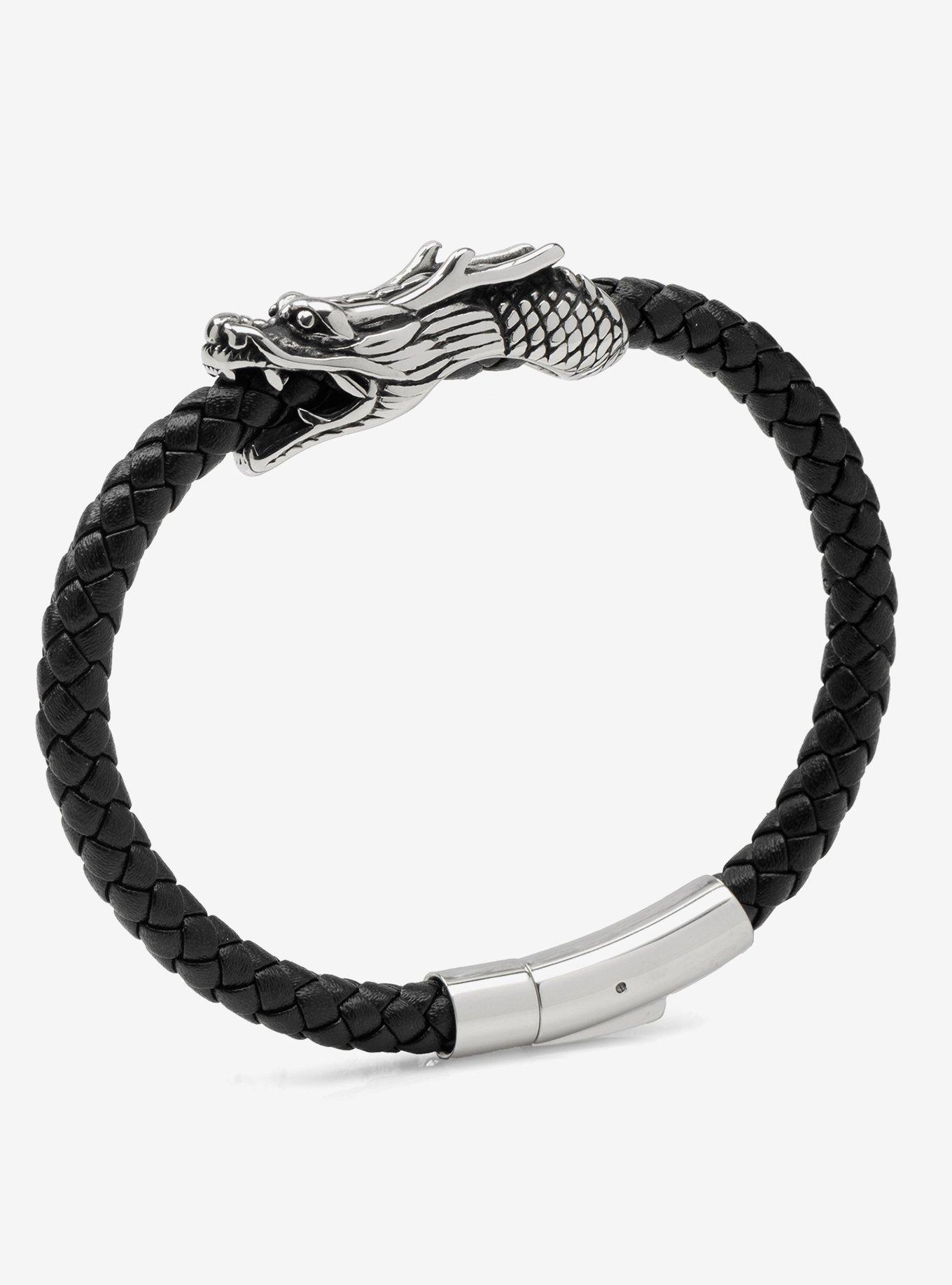 Dragon Head Braided Black Leather Bracelet with Magnetic Closure, , hi-res