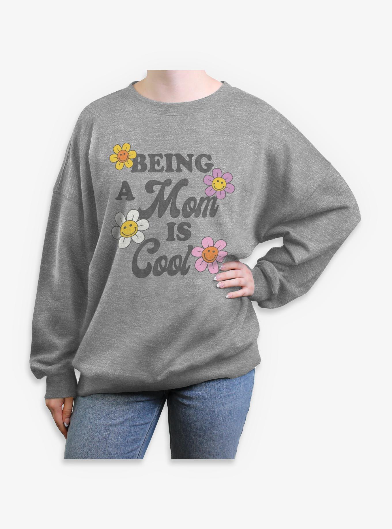 Being A Mom Is Cool Smiley Flowers Girls Oversized Sweatshirt, HEATHER GR, hi-res