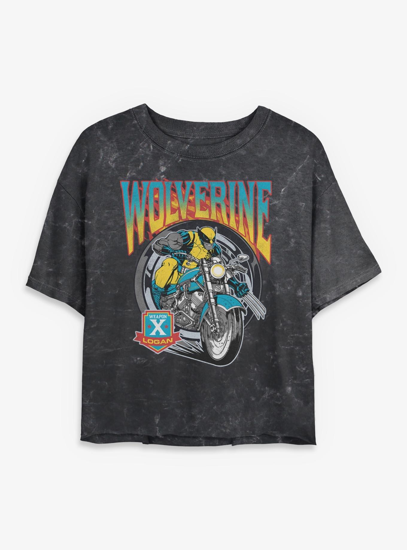 Marvel X-Men Wolverine Flames And Wheels Girls Mineral Wash Crop T-Shirt Hot Topic Exclusive, , hi-res