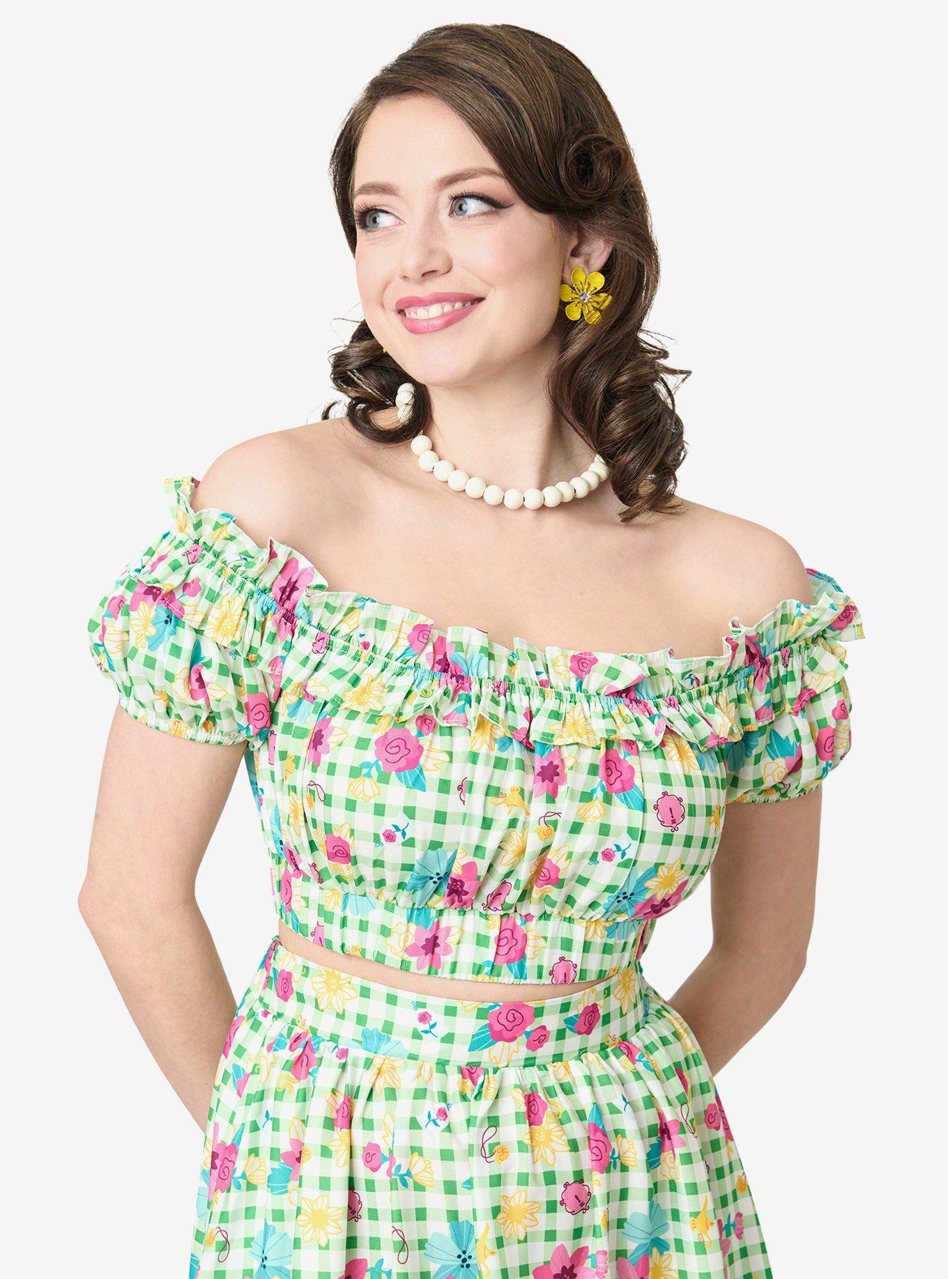 Disney Princess Collection by Unique Vintage Green Gingham Princess Floral Ruffle Up Crop Top, , hi-res