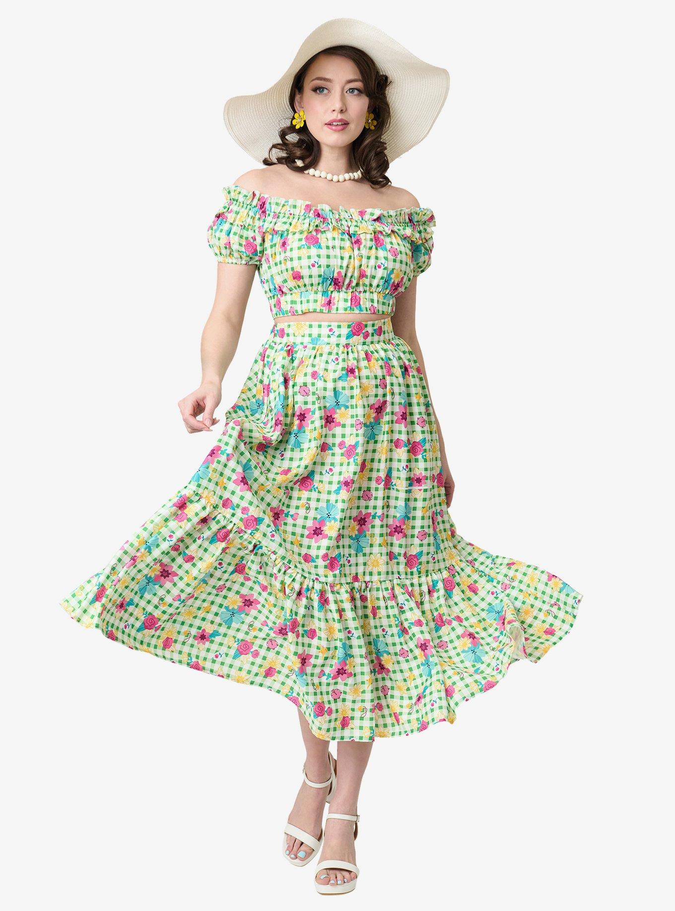 Disney Princess Collection by Unique Vintage Green Gingham Tiered Midi Skirt, , hi-res