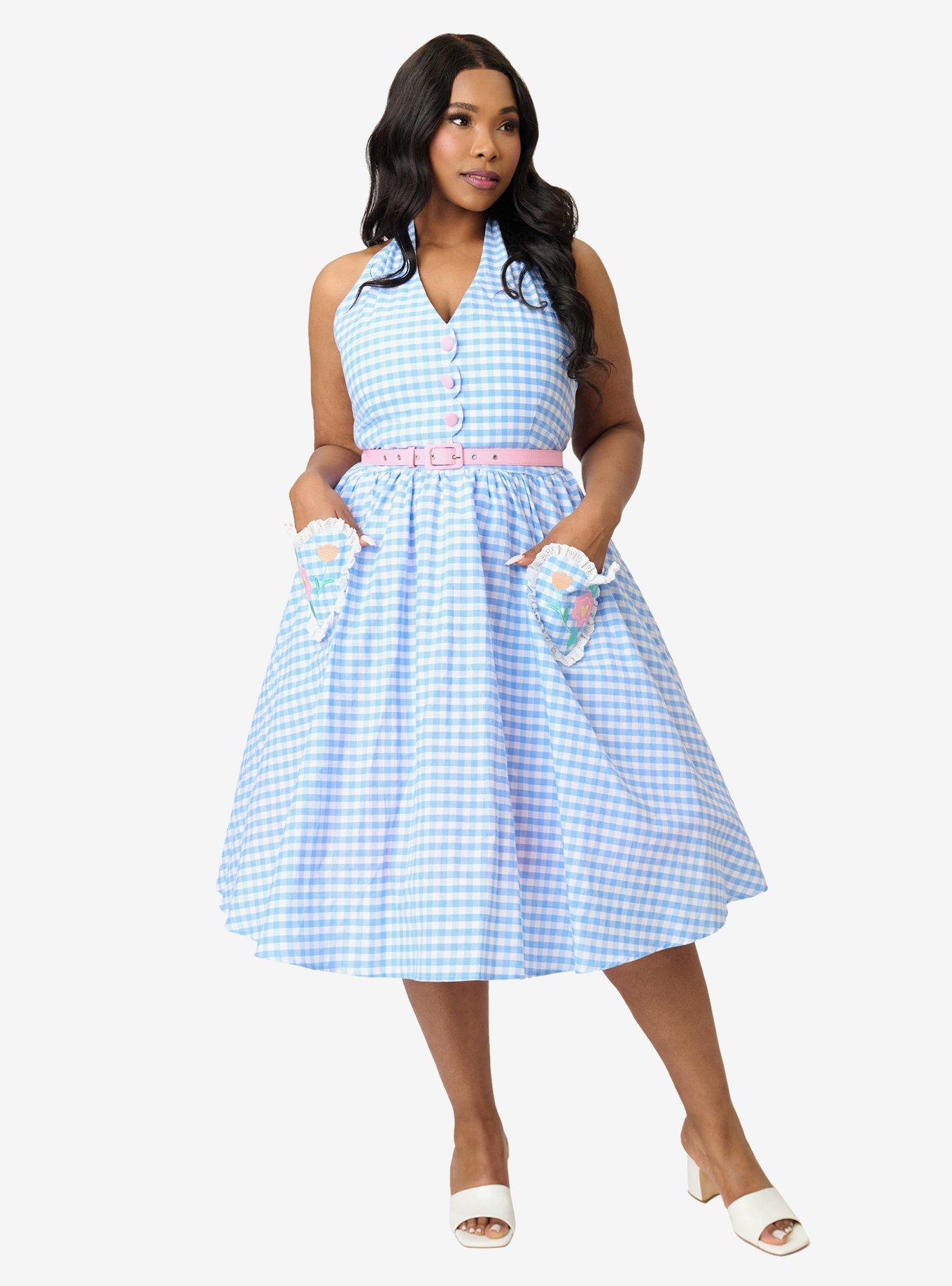 Disney Mickey & Friends Collection by Unique Vintage Plus Size Blue Gingham Cotton Halter Swing Dress, , hi-res