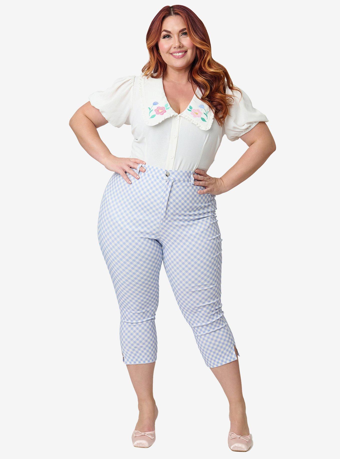 Disney Mickey & Friends Collection by Unique Vintage Plus Size Blue Gingham Rachelle Capri Pants, , hi-res