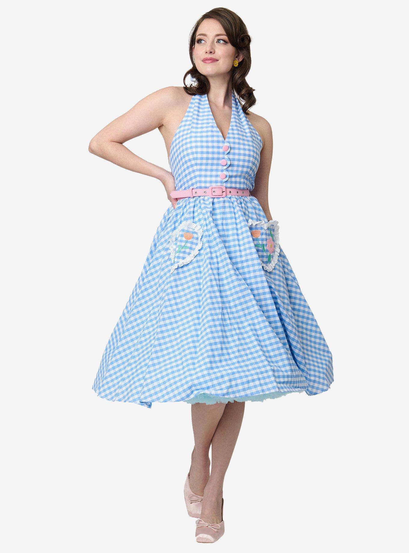 Disney Mickey & Friends Collection by Unique Vintage Blue Gingham Cotton Halter Swing Dress, , hi-res