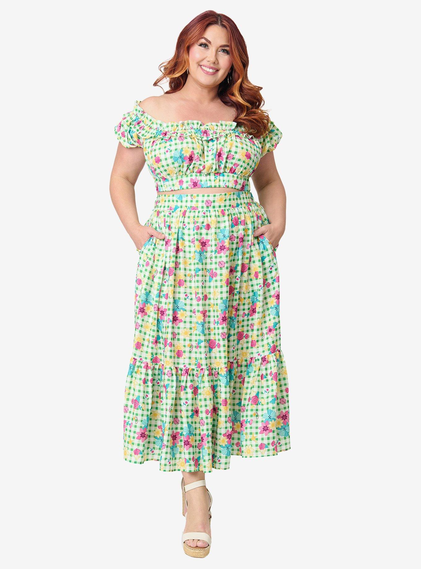 Disney Princess Collection by Unique Vintage Plus Green Gingham Tiered Midi Skirt